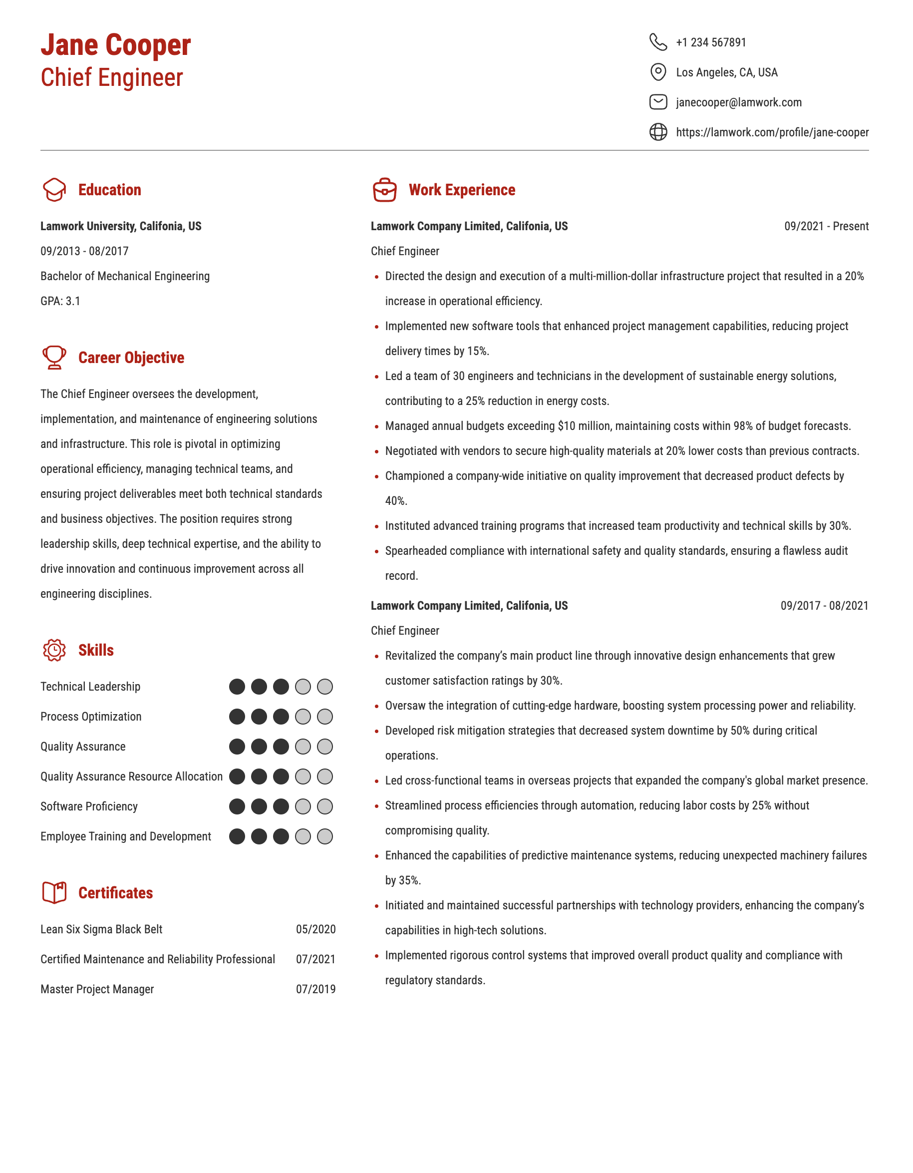 Chief Engineer Resume Example