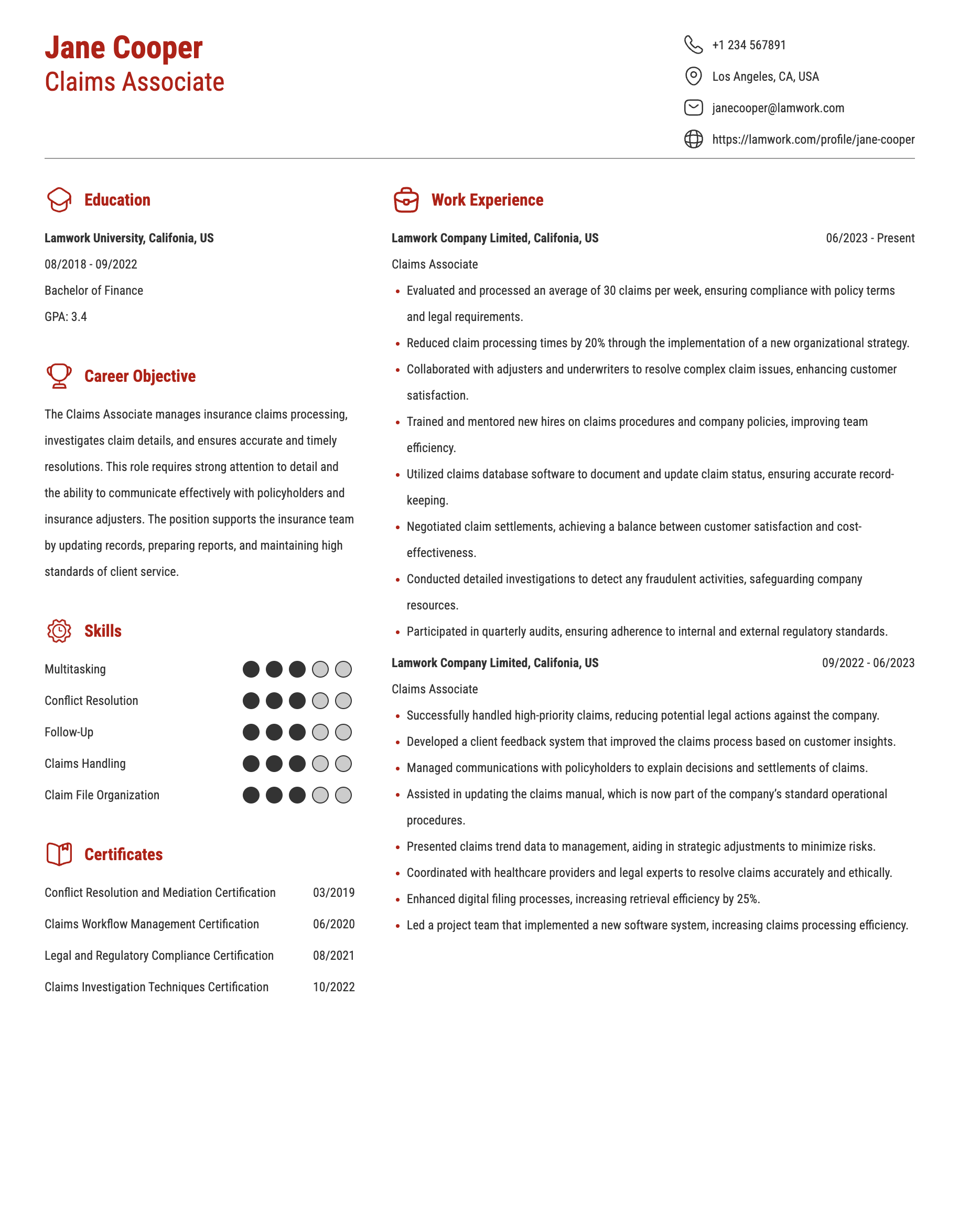 Claims Associate Resume Example