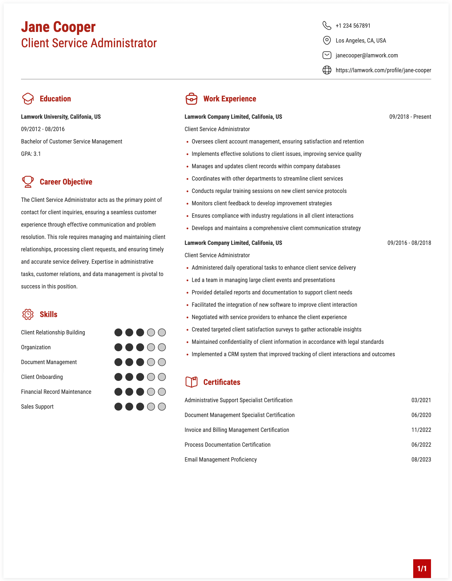 Client Service Administrator Resume Example