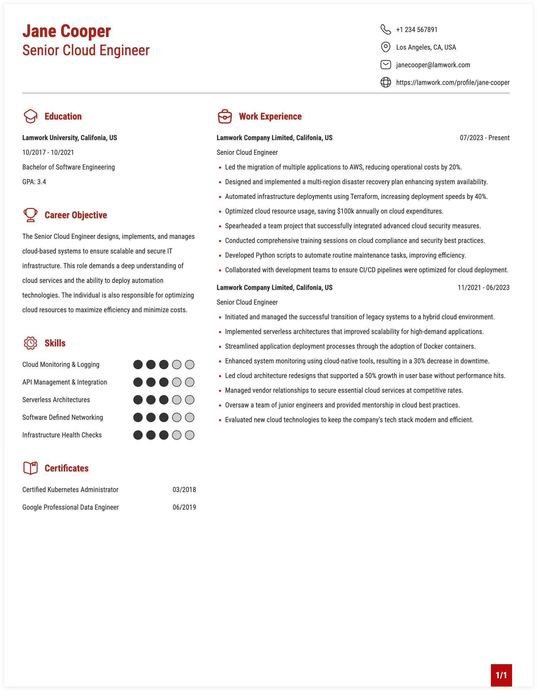 Senior Cloud Engineer Resume Example
