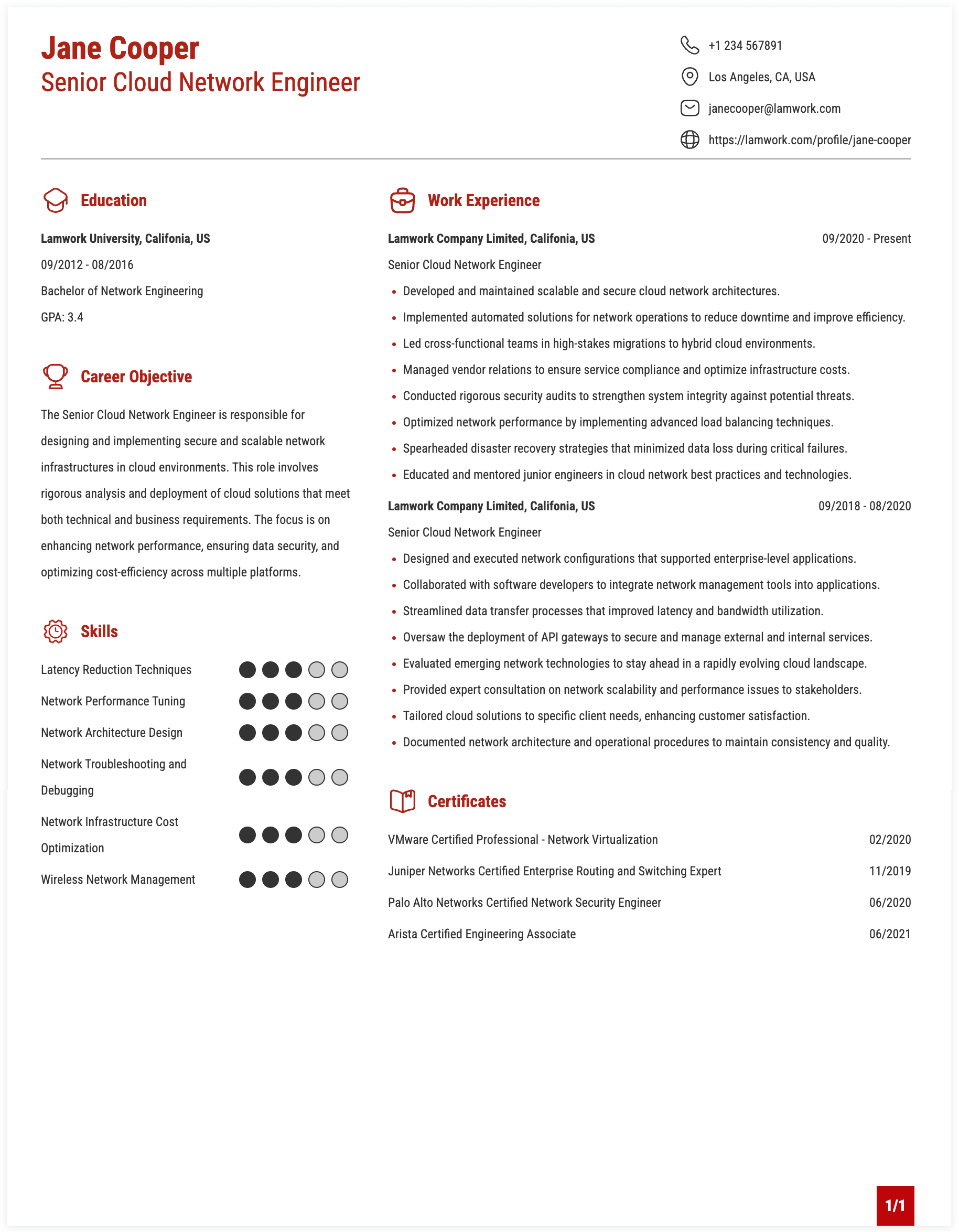 Senior Cloud Network Engineer Resume Example