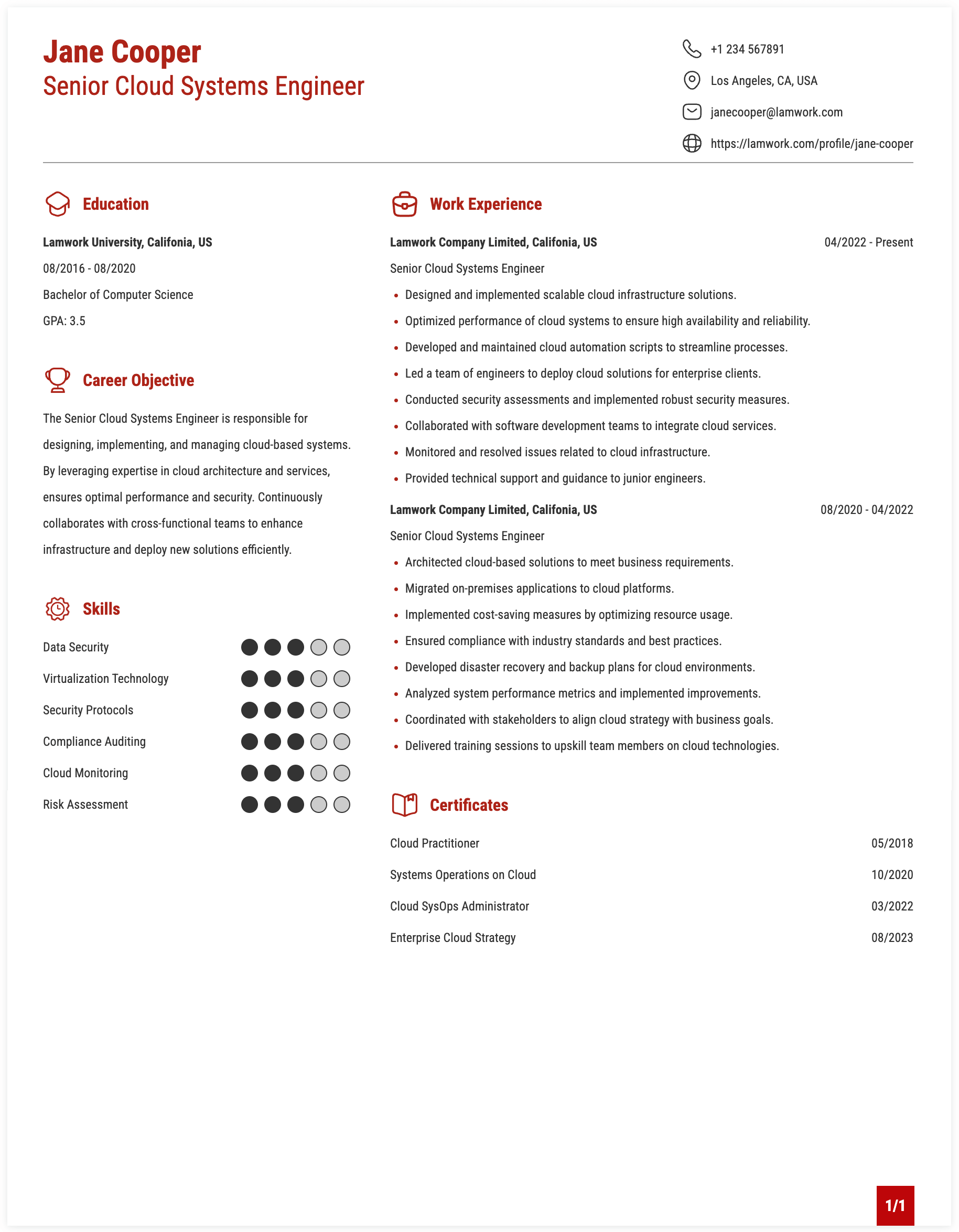 Senior Cloud Systems Engineer Resume Example