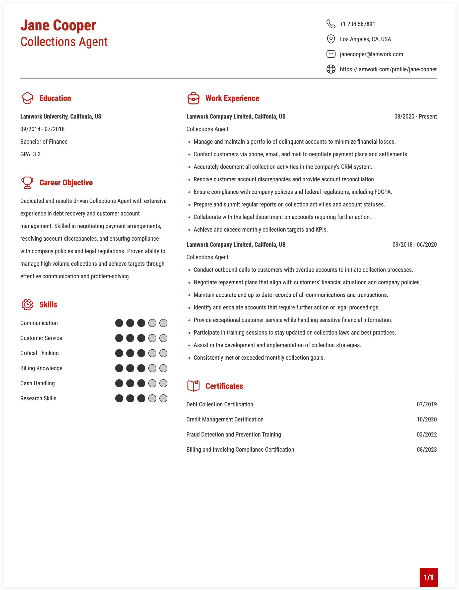 Collections Agent Resume Example
