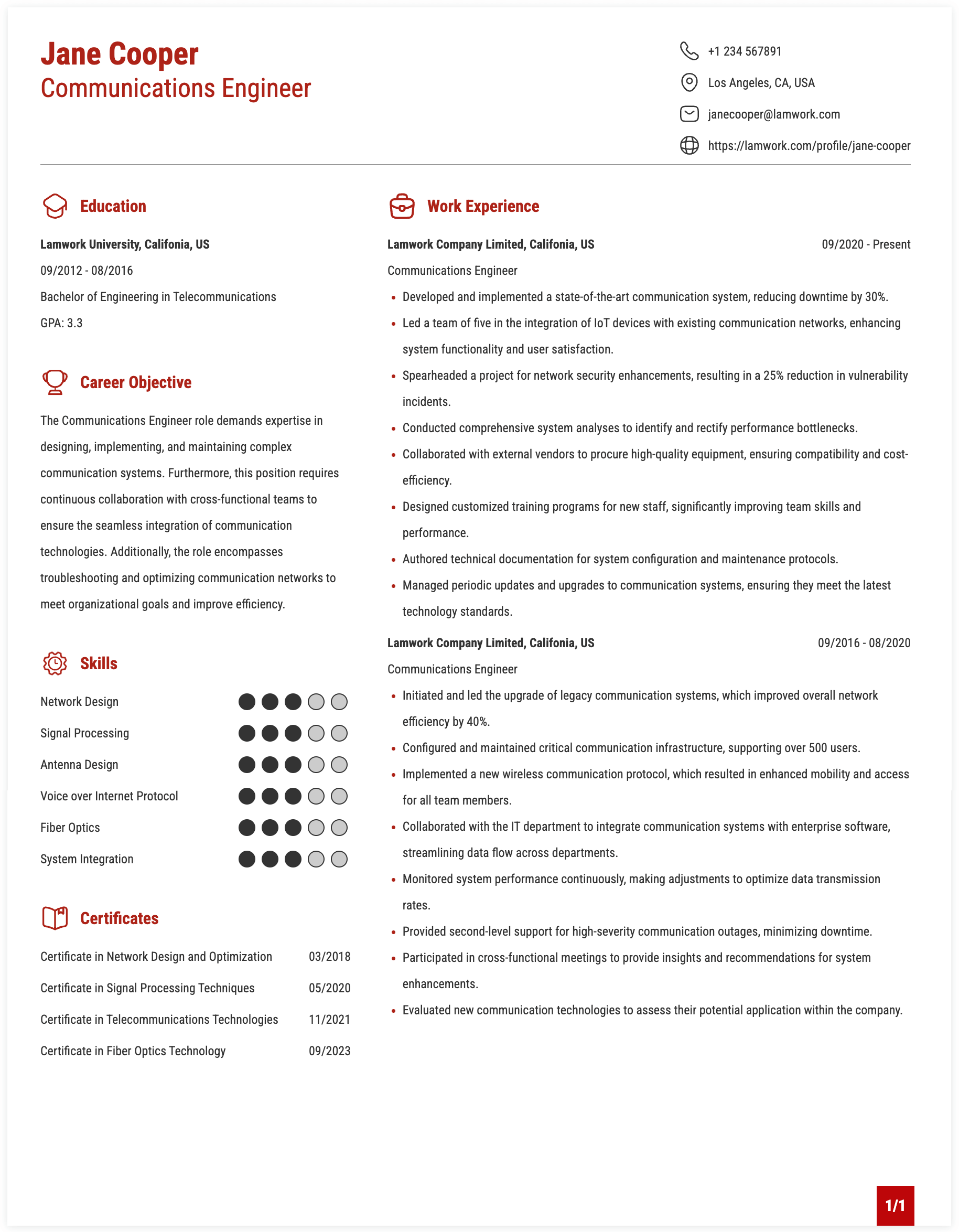 Communications Engineer Resume Example