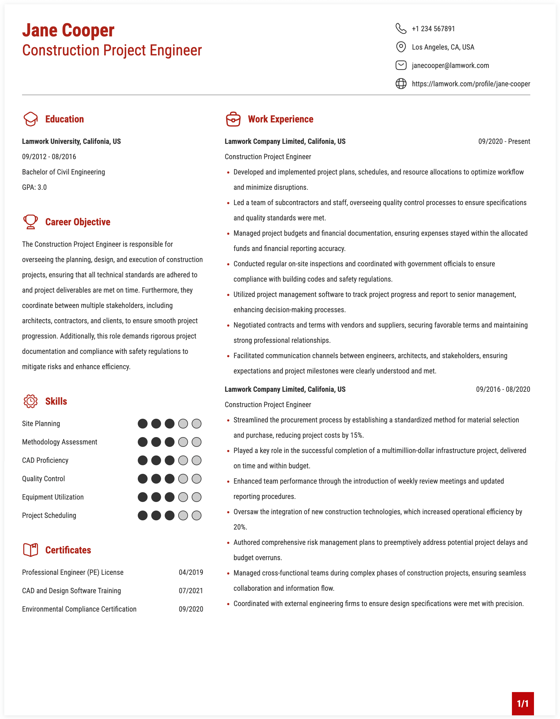 Construction Project Engineer Resume Example