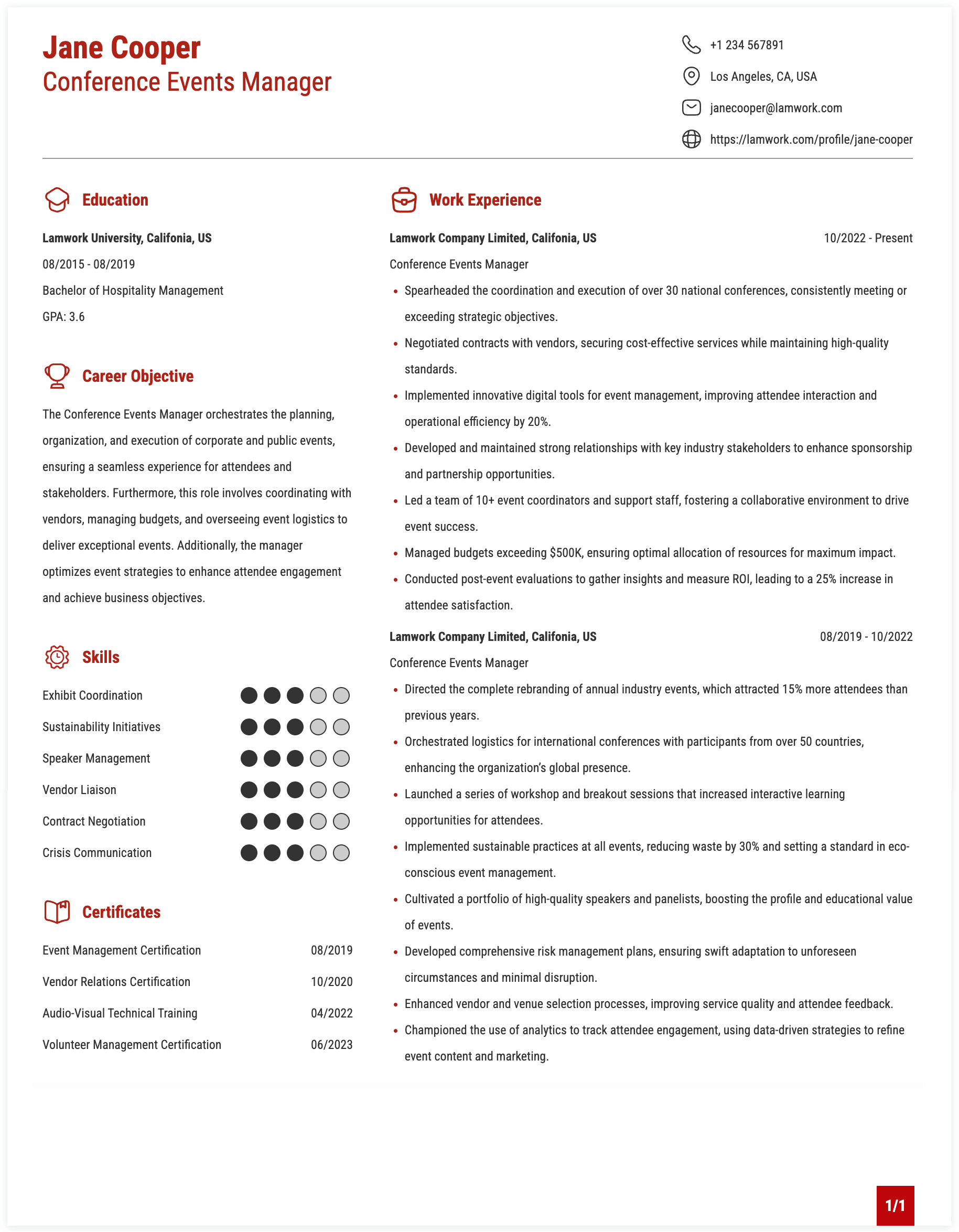 Conference Events Manager Resume Example