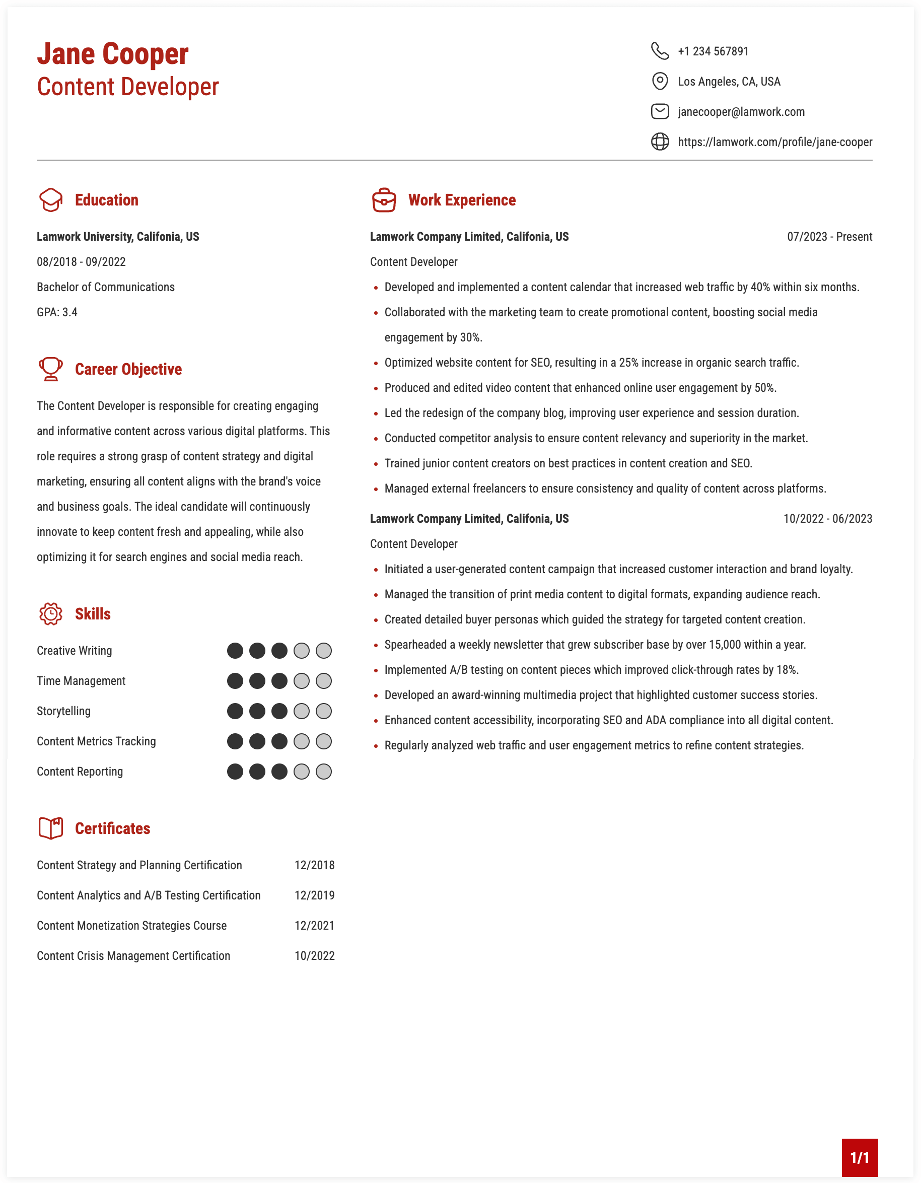 Content Developer Resume Example
