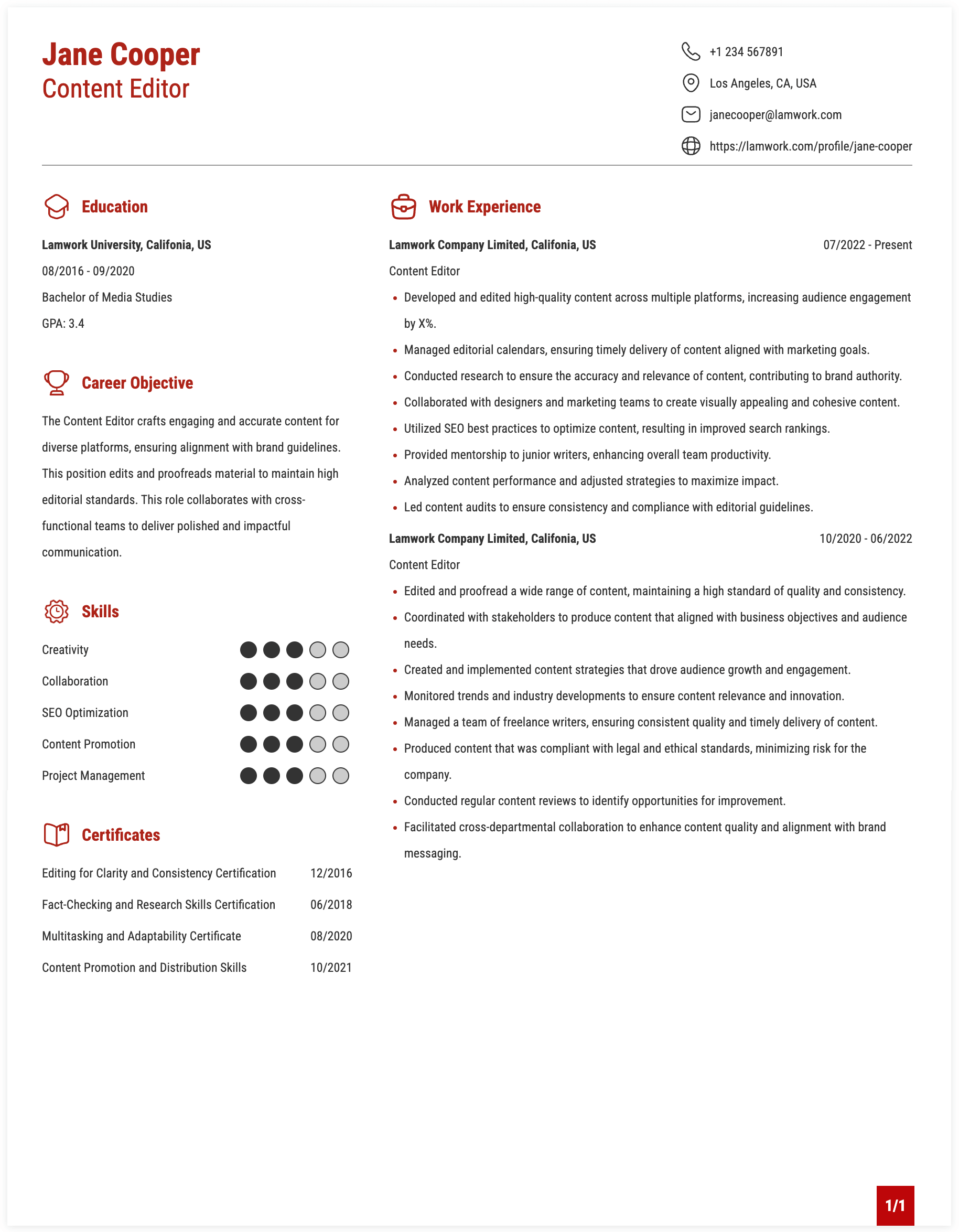 Content Editor Resume Example