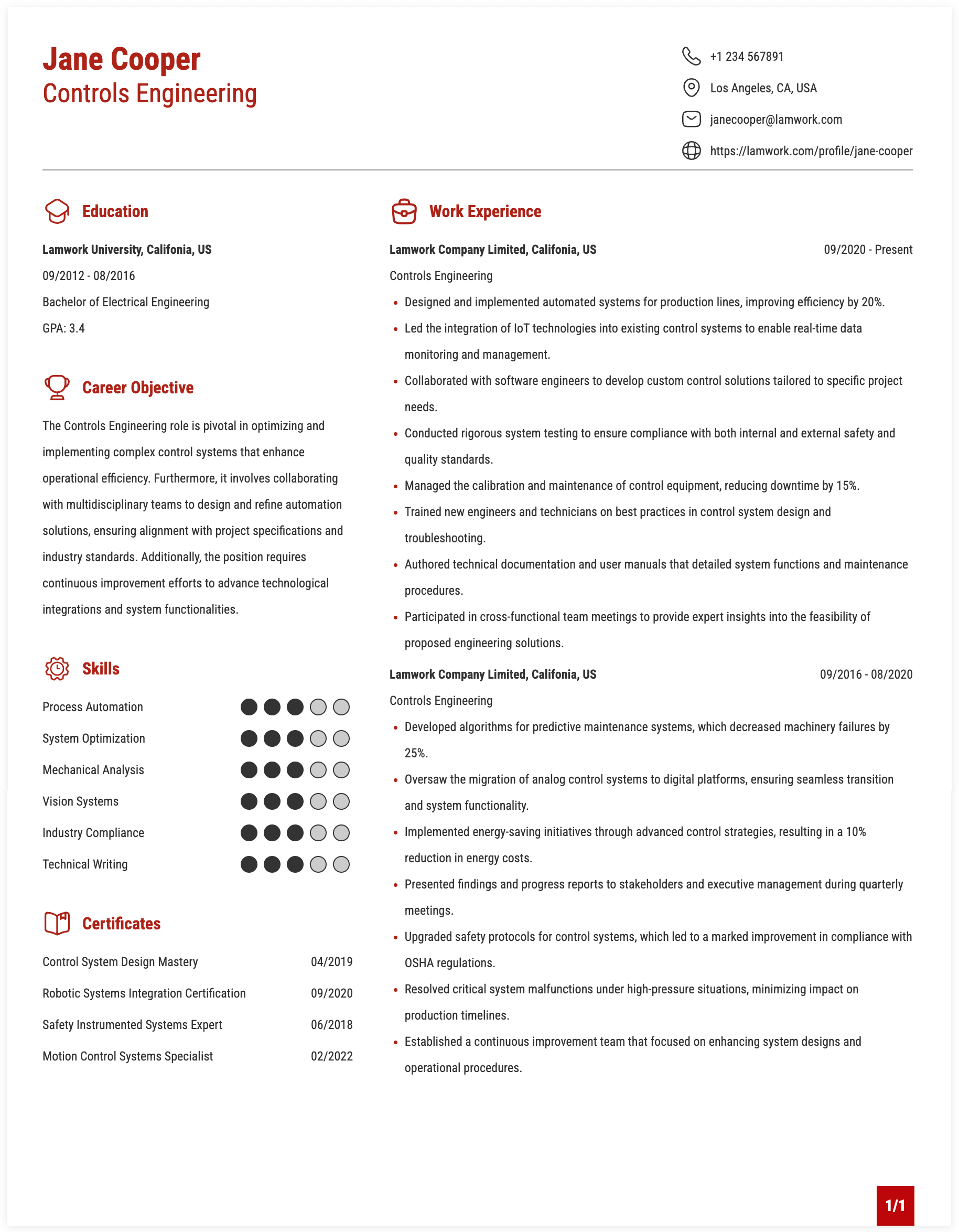 Controls Engineering Resume Example