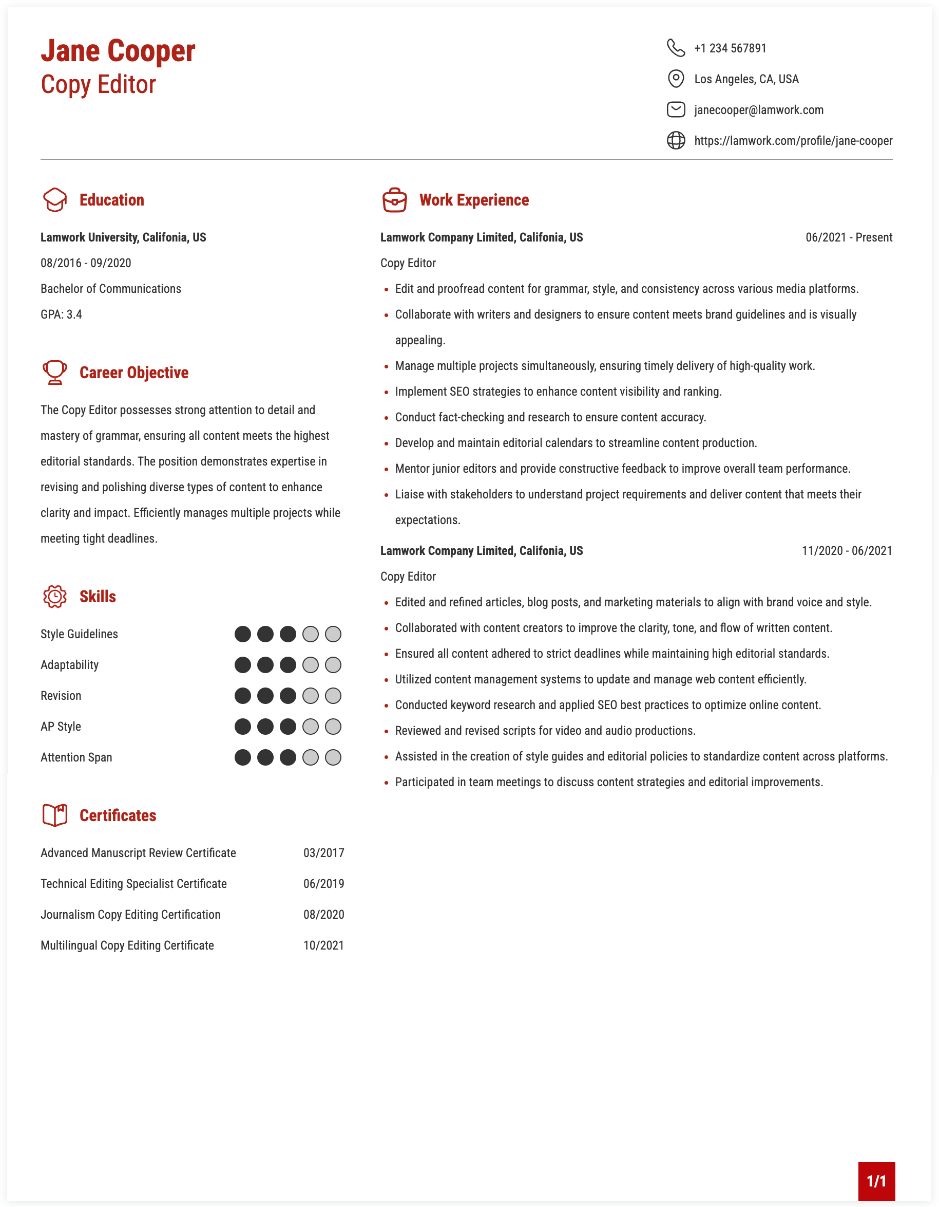 Copy Editor Resume Example