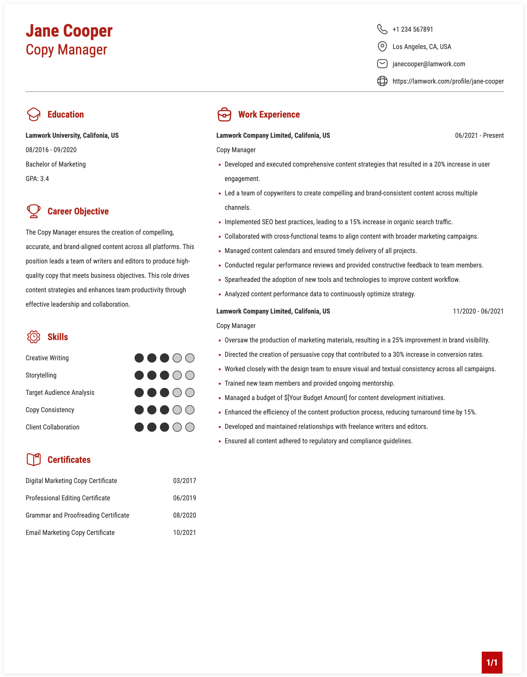 Copy Manager Resume Example