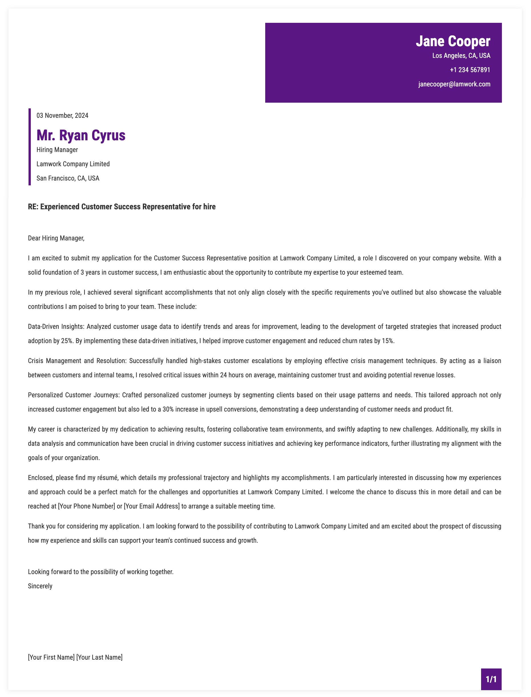 Customer Success Representative Cover Letter Template