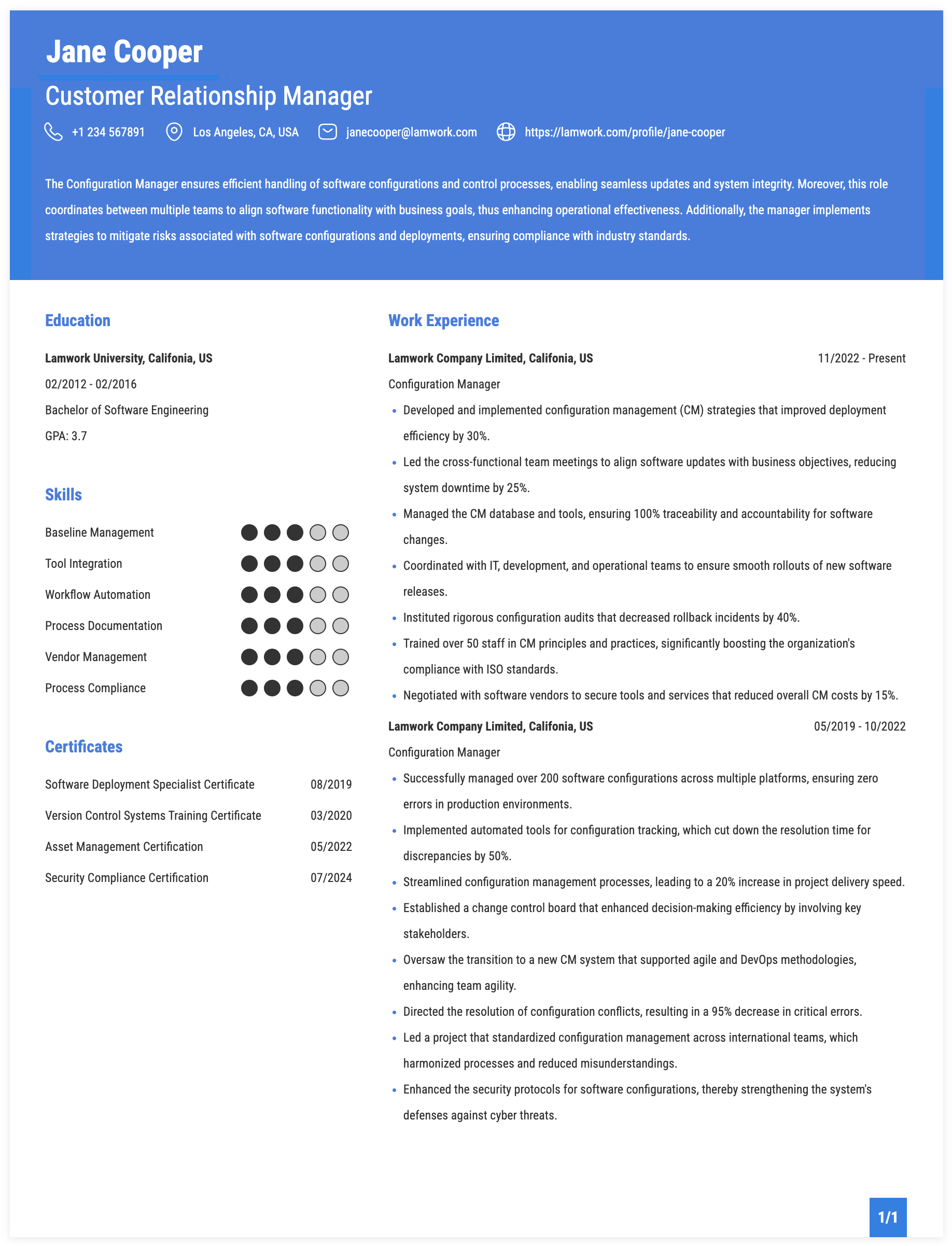 Customer Relationship Manager Resume Example