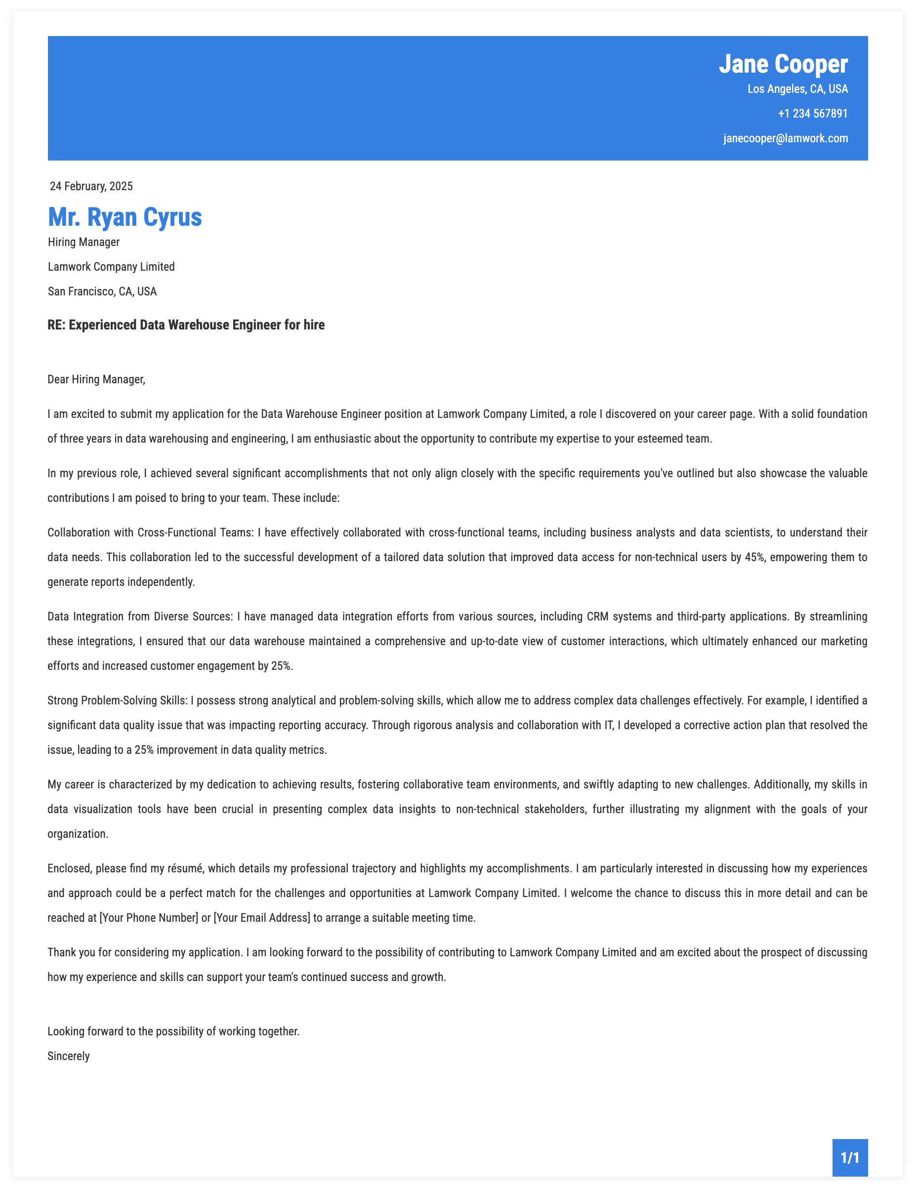 Data Warehouse Engineer Cover Letter Template