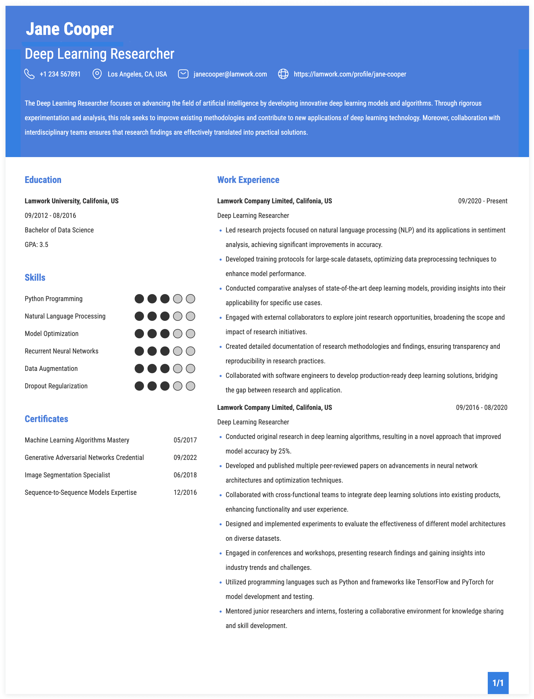 Deep Learning Researcher Resume Example