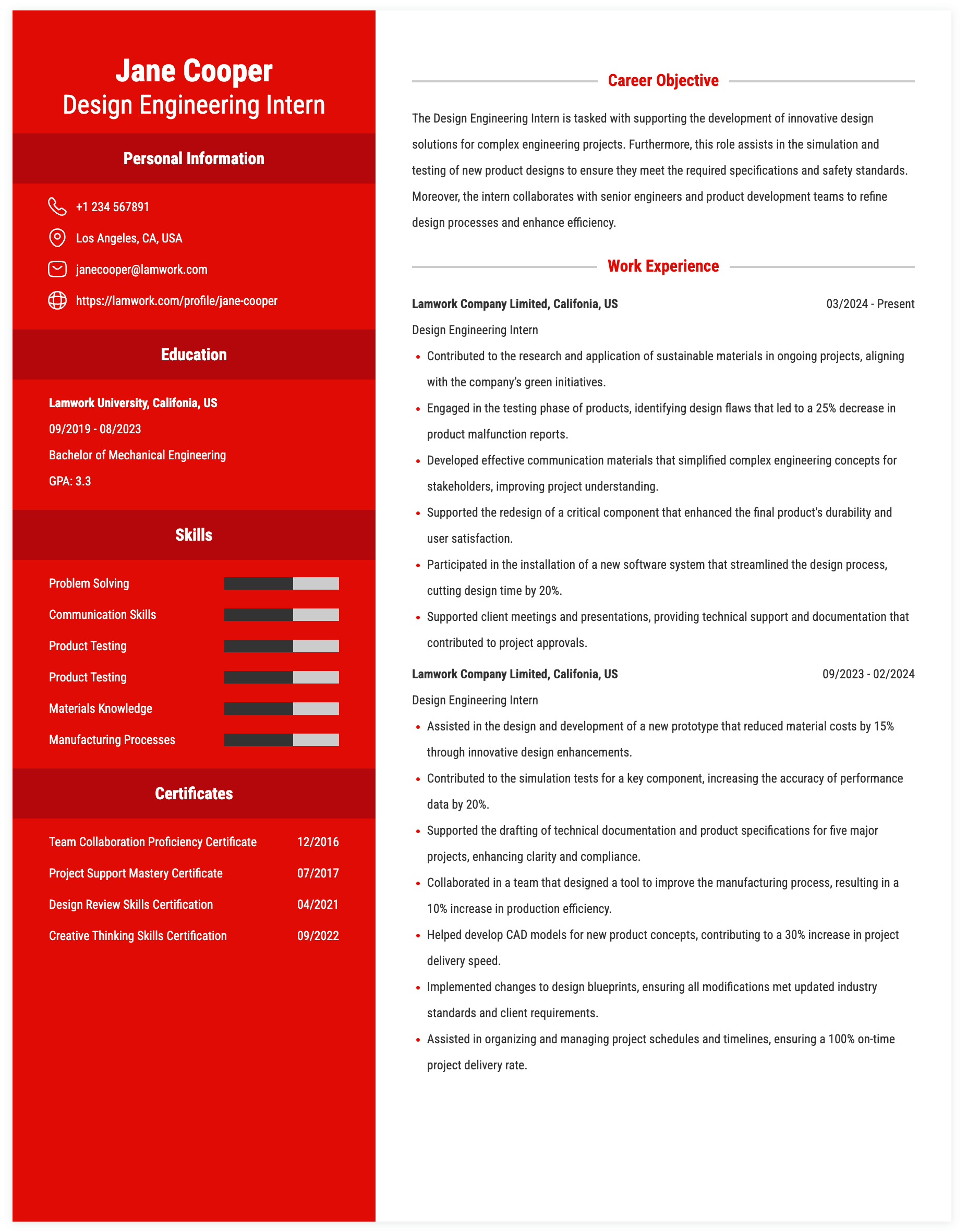 Design Engineering Intern Resume Example