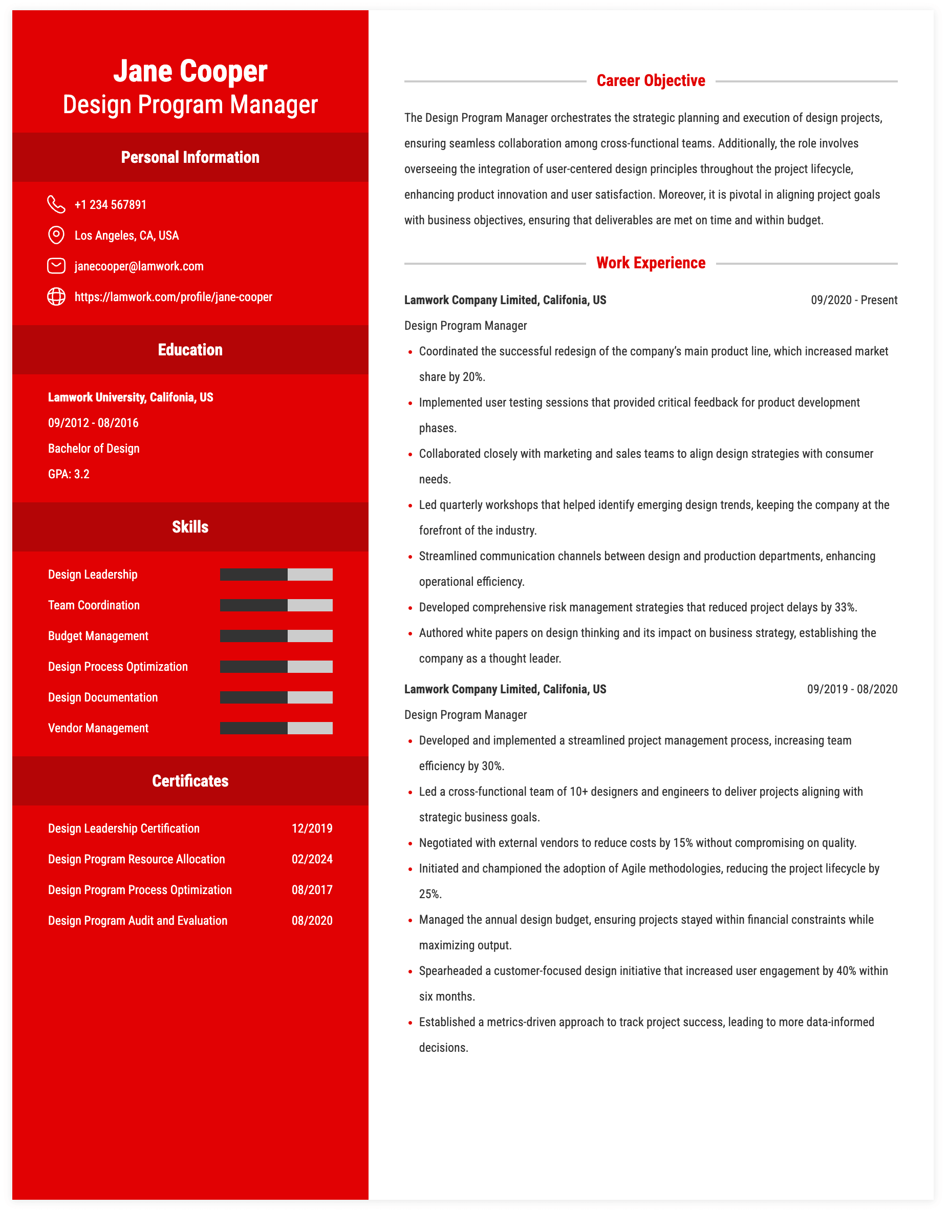 Design Program Manager Resume Example