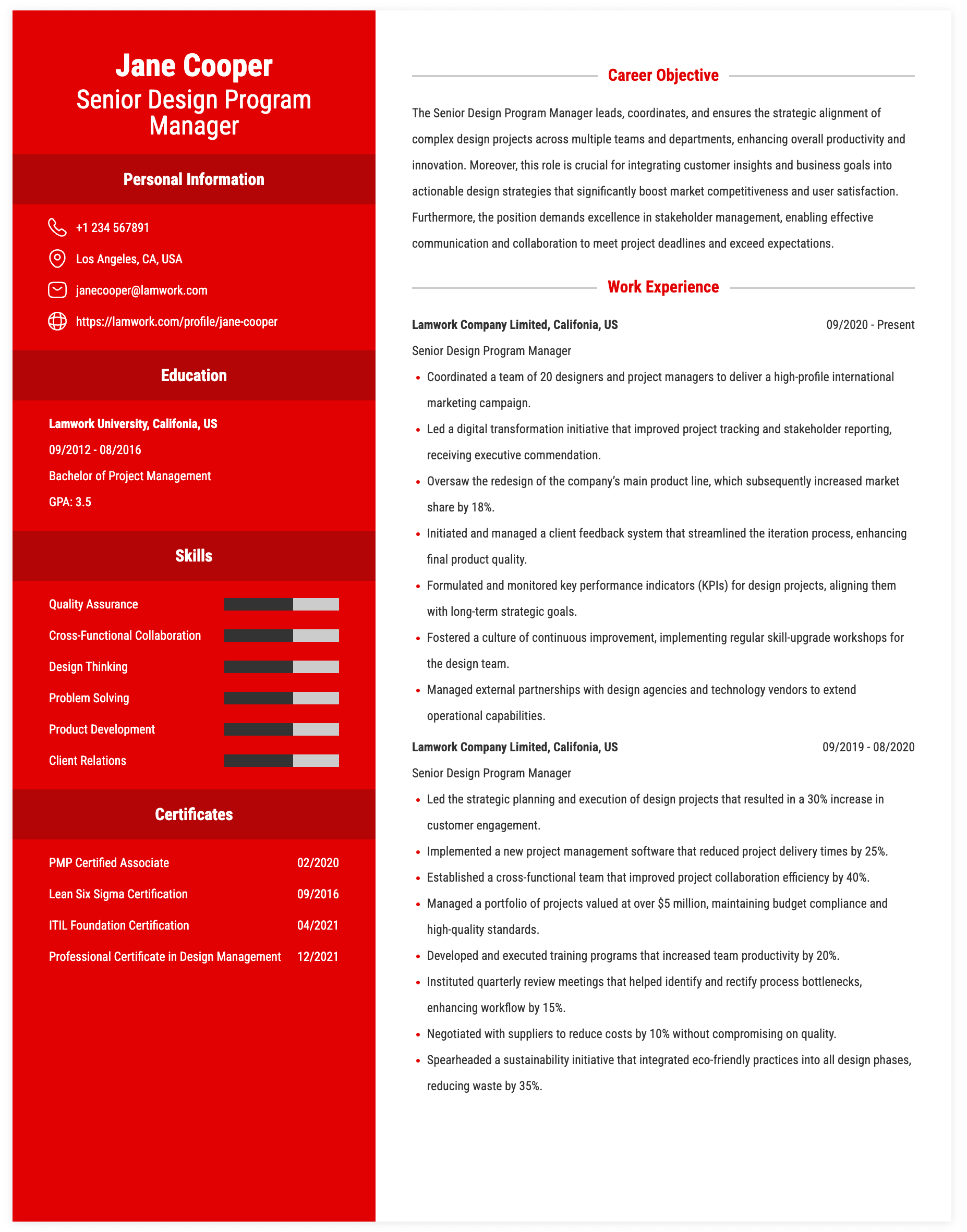Senior Design Program Manager Resume Example