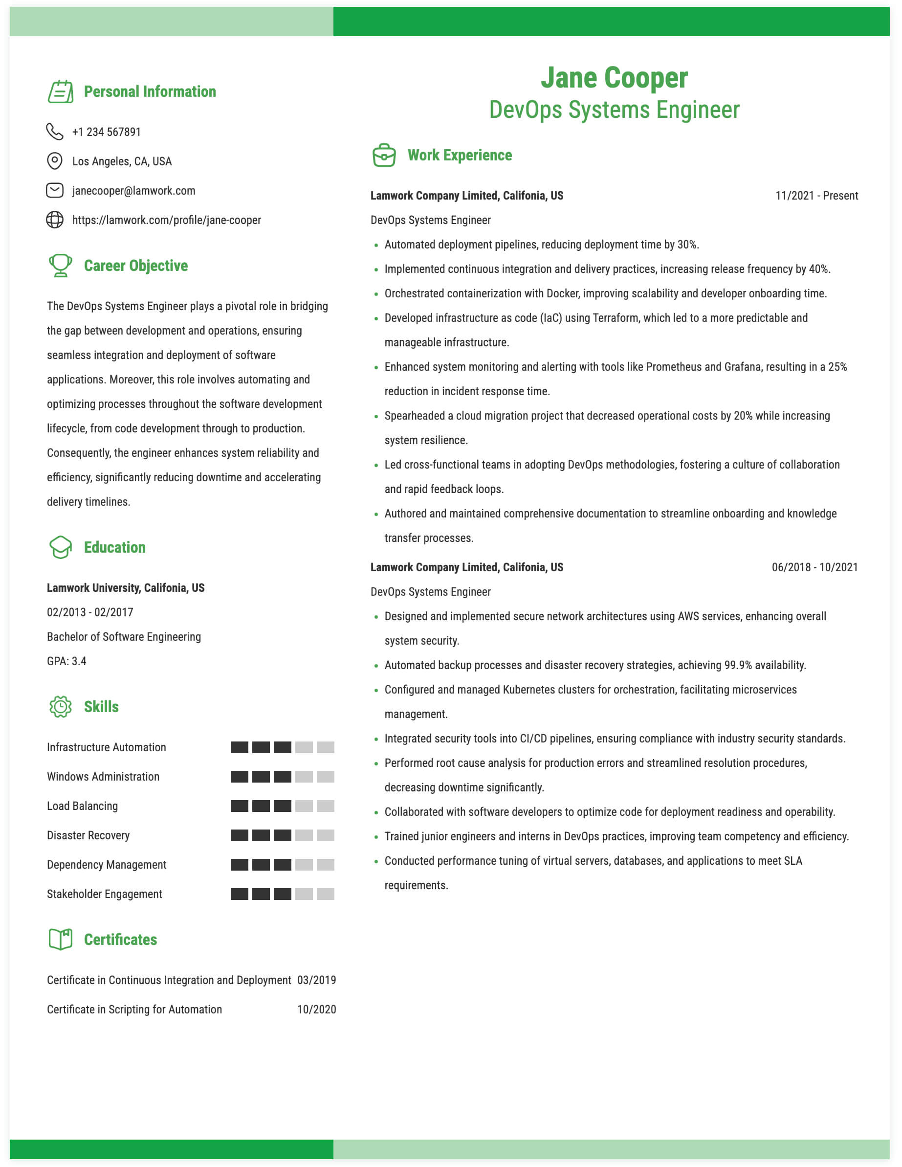 DevOps Systems Engineer Resume Example