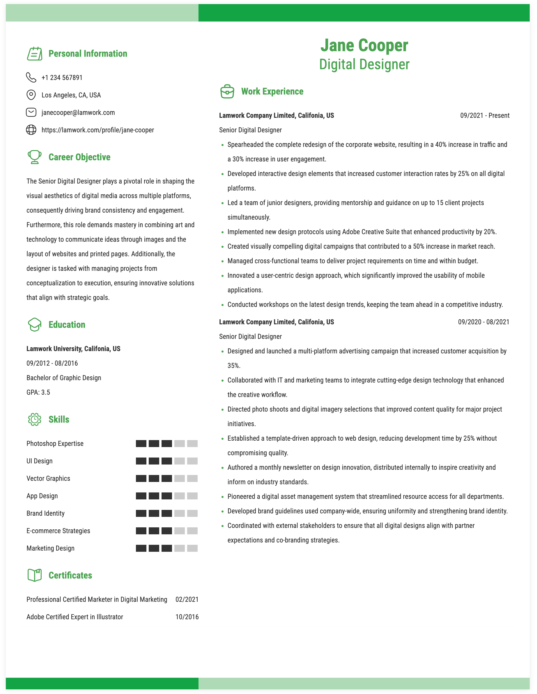 Senior Digital Designer Resume Example