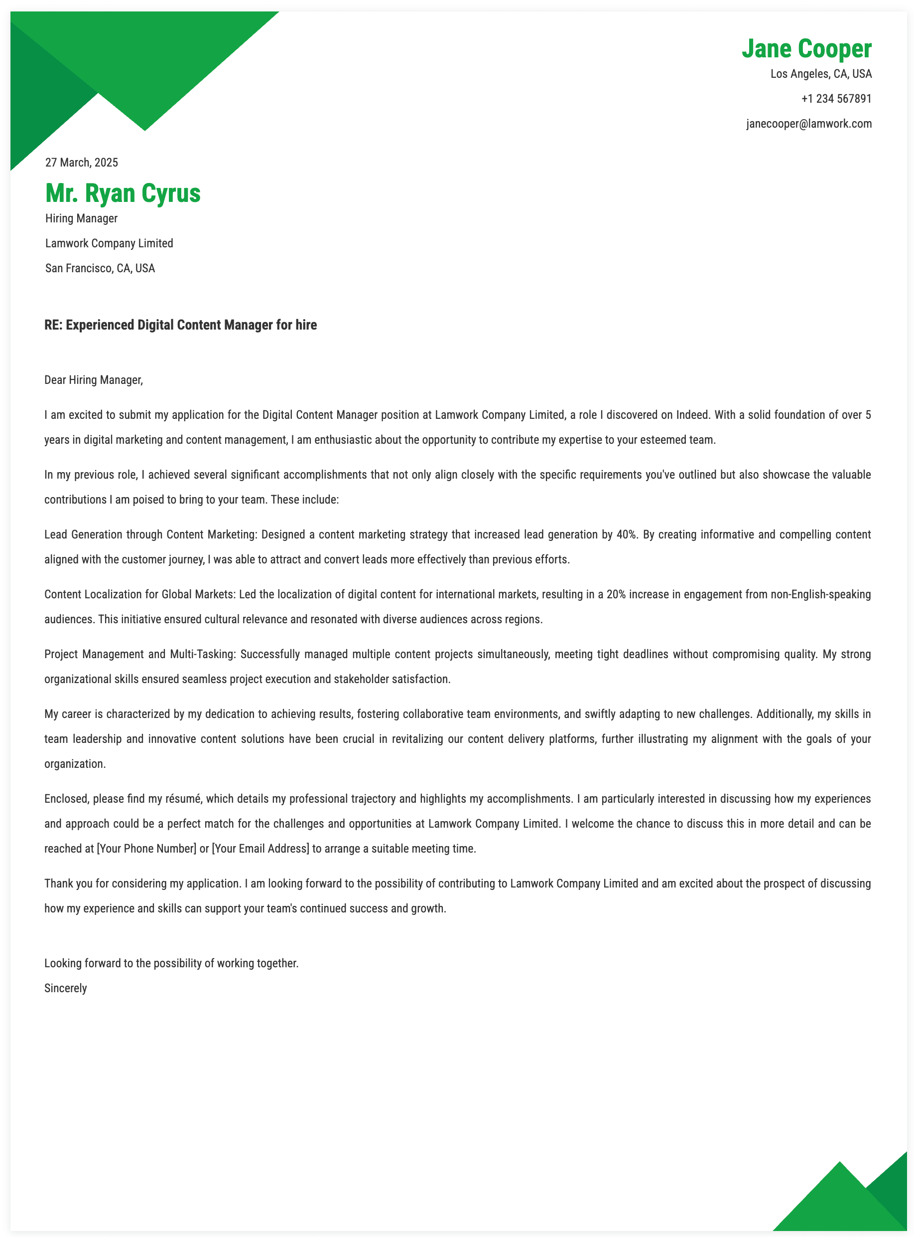 Digital Content Manager Cover Letter Template