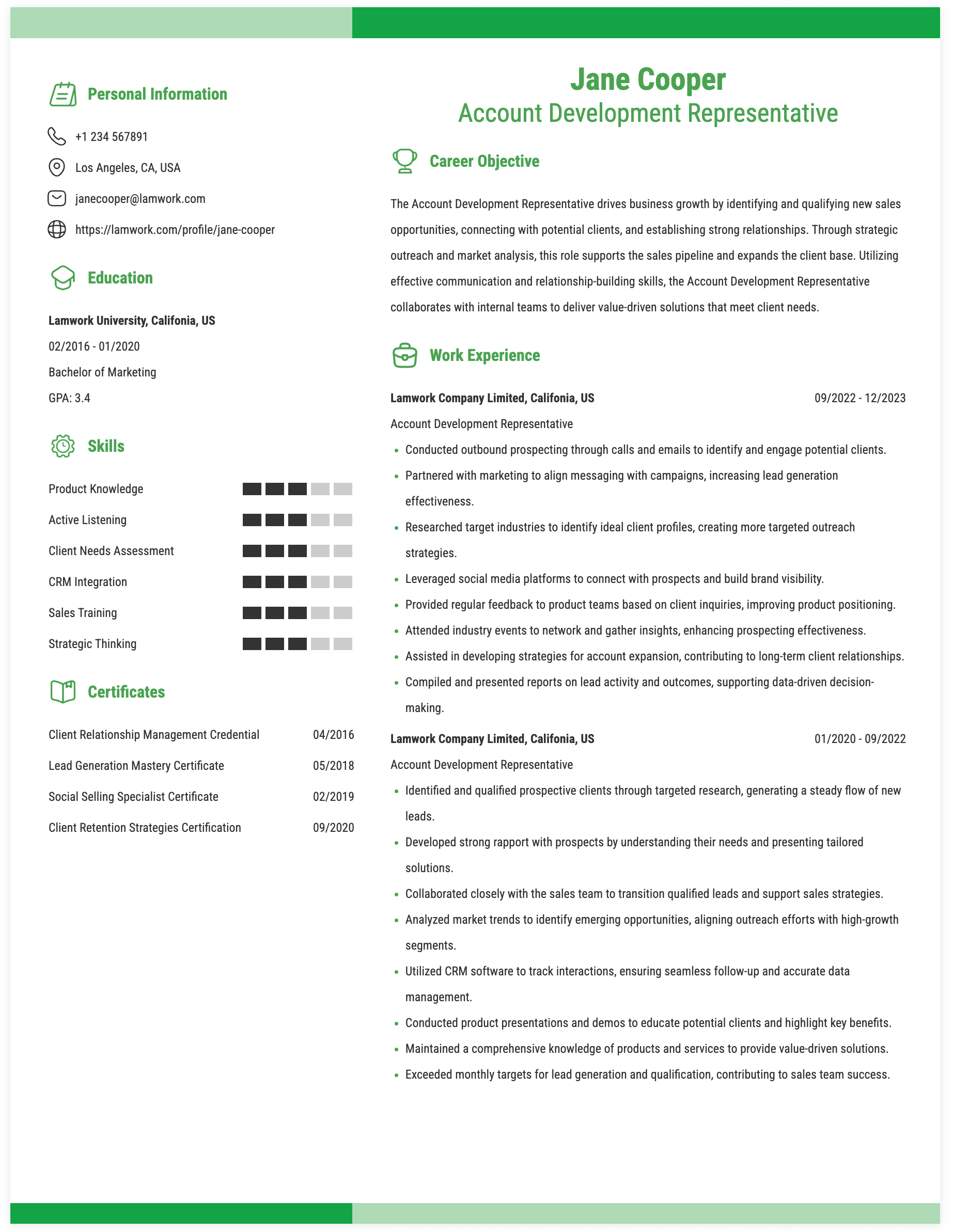 Account Developer Representative Account Development Representative Resume Example