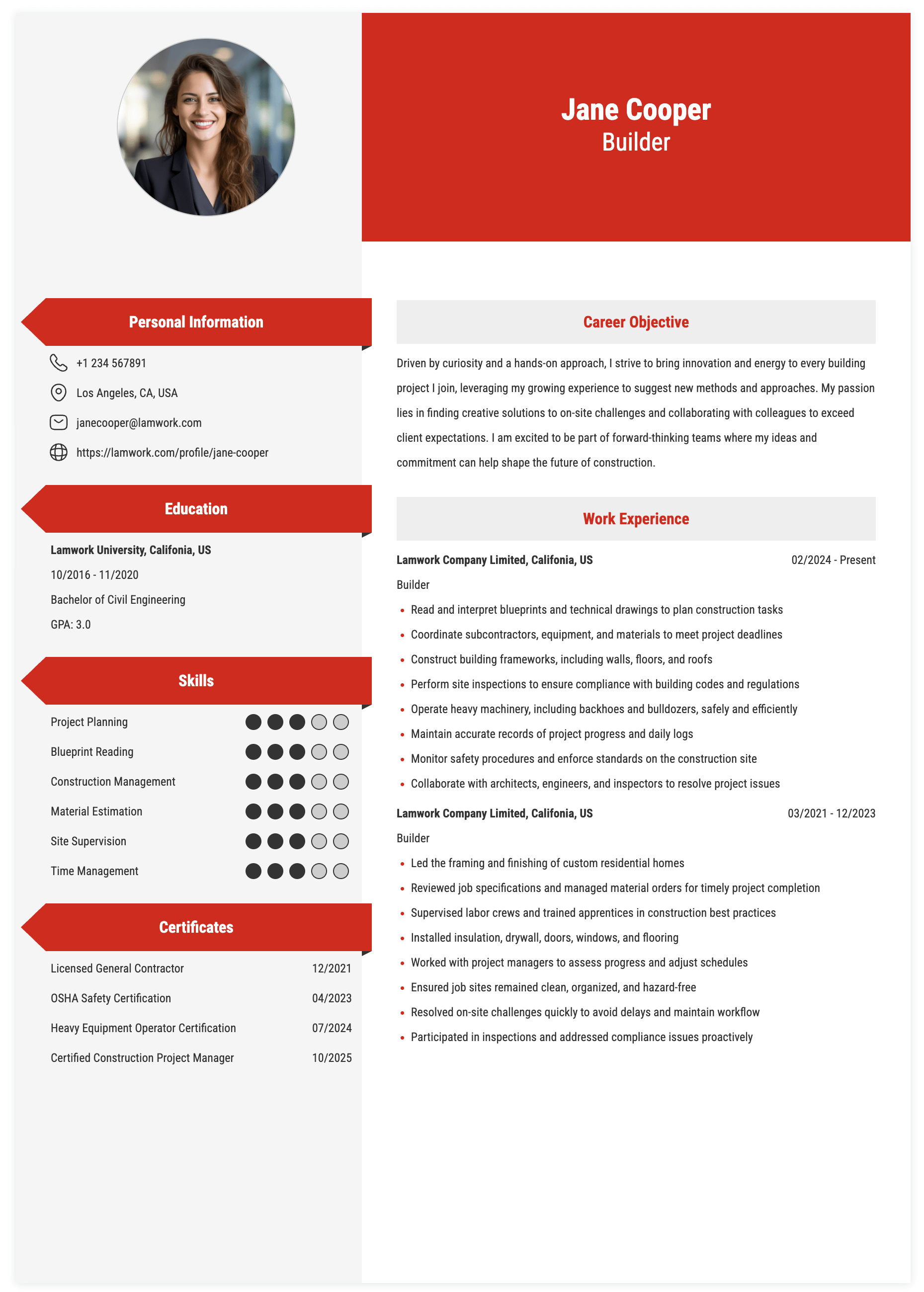 Builder Resume Example