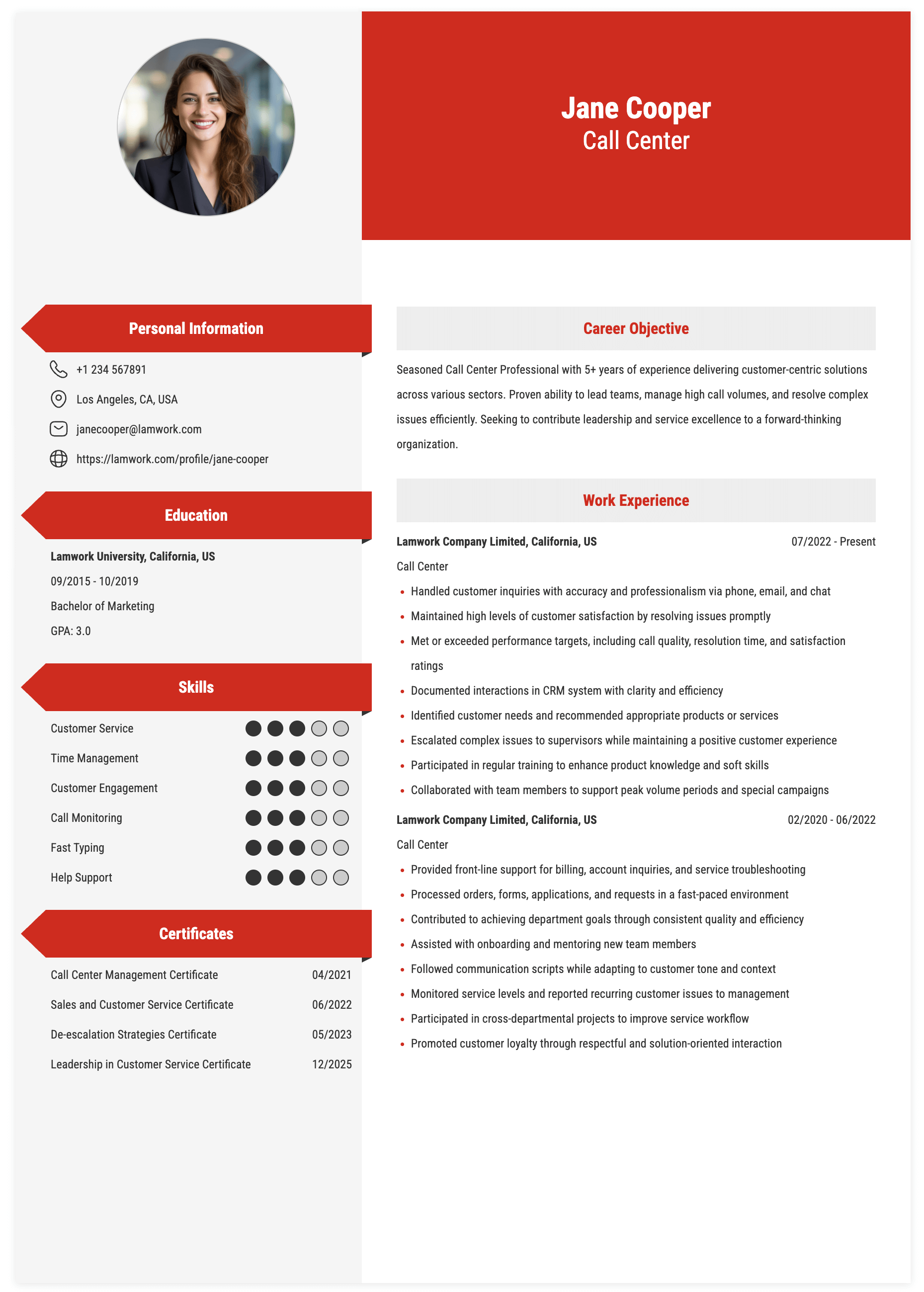 Call Center Resume Example