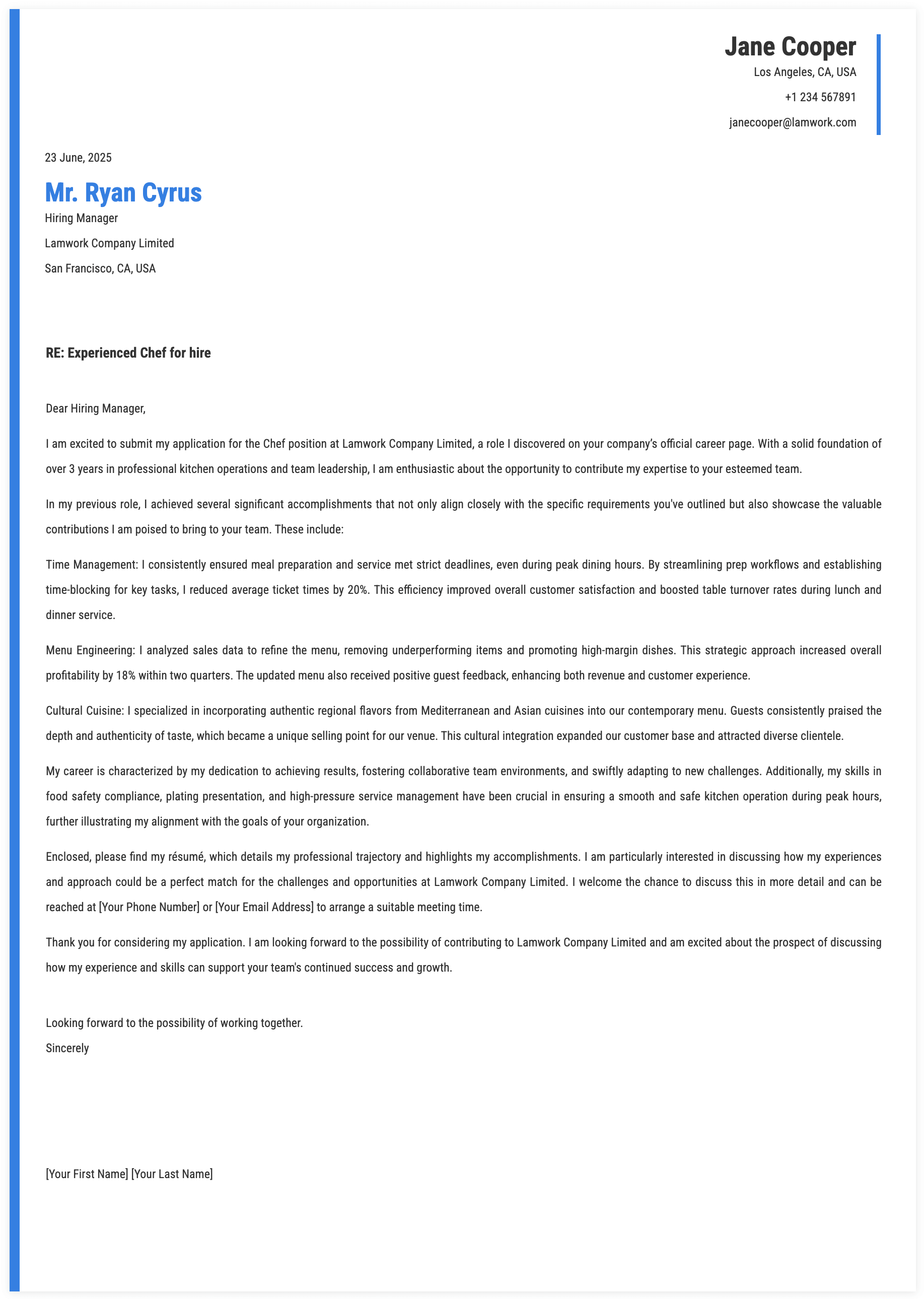 Chef Cover Letter Template