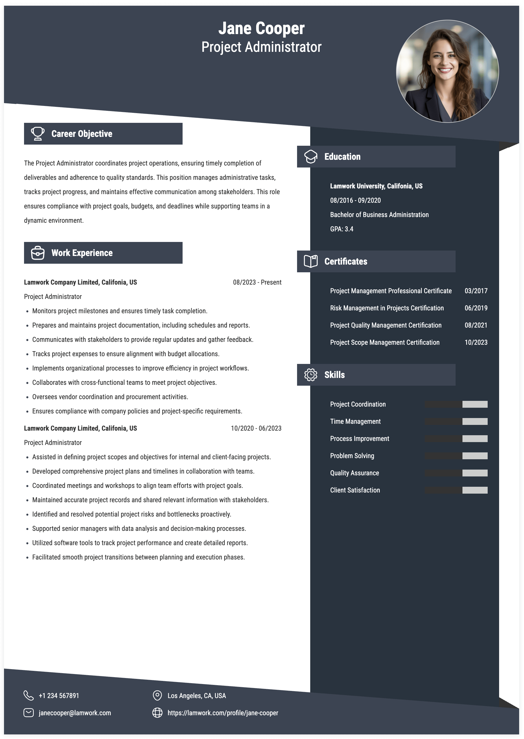 Project Administrator Resume Example