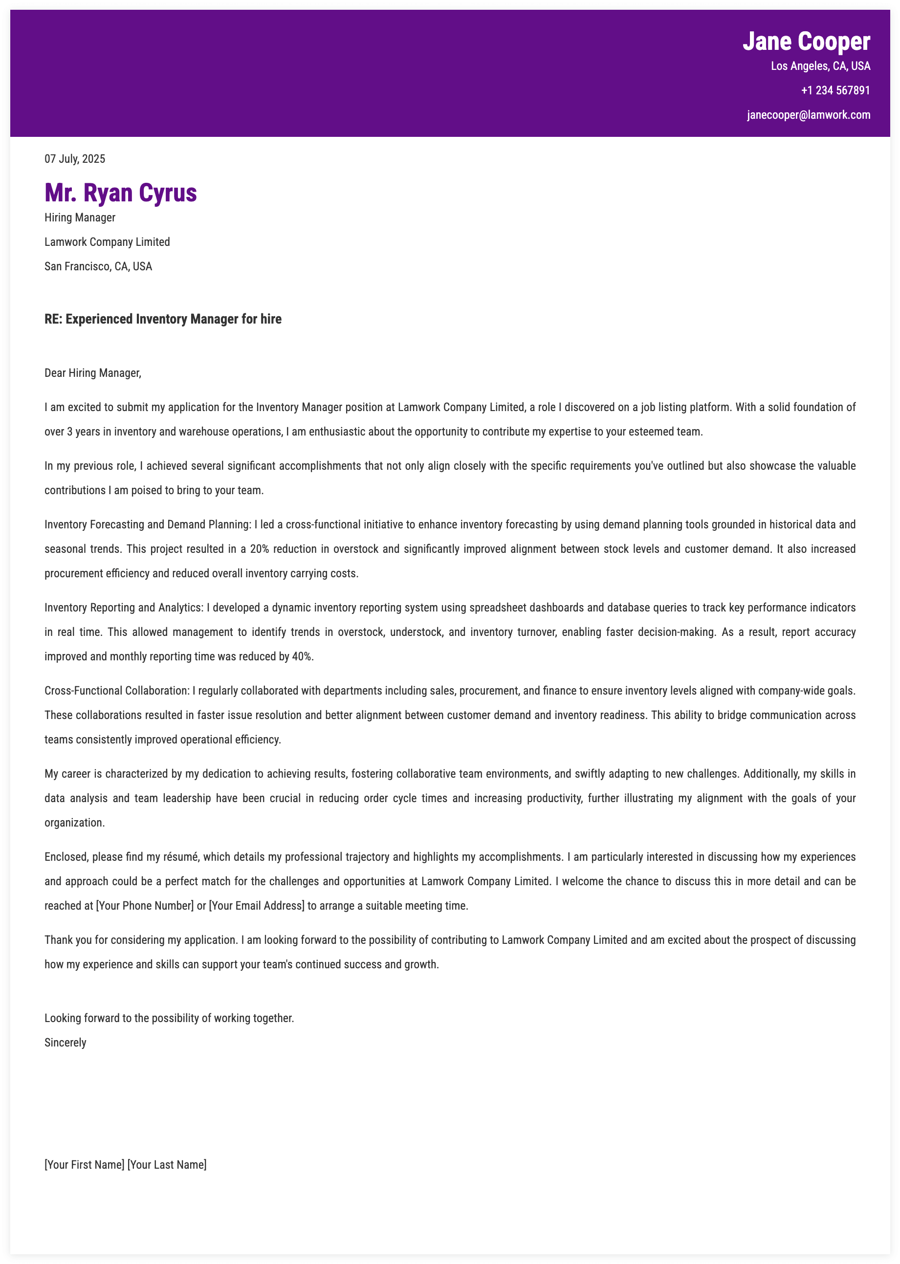 Inventory Manager Cover Letter Template
