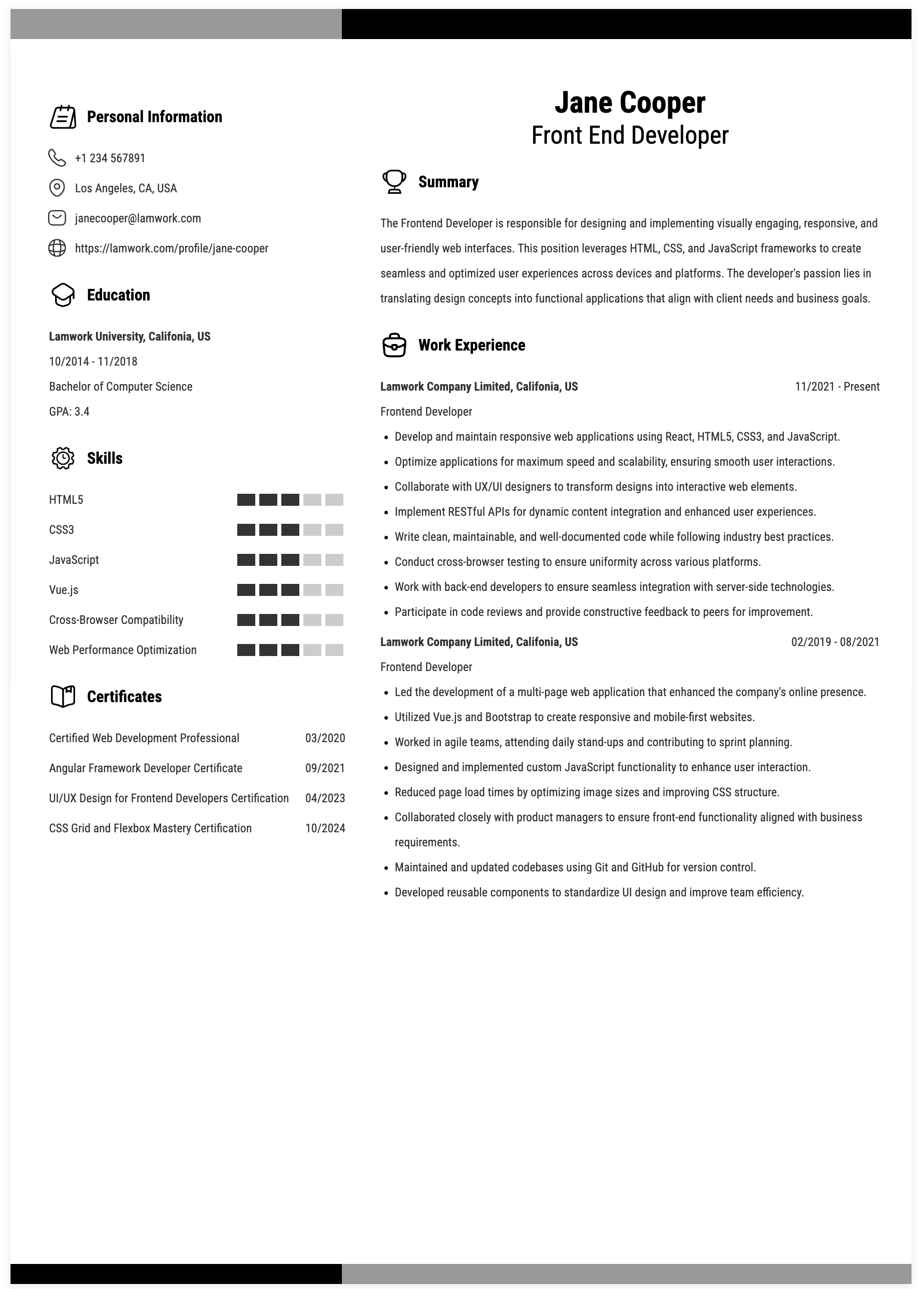 Front End Developer Resume Example