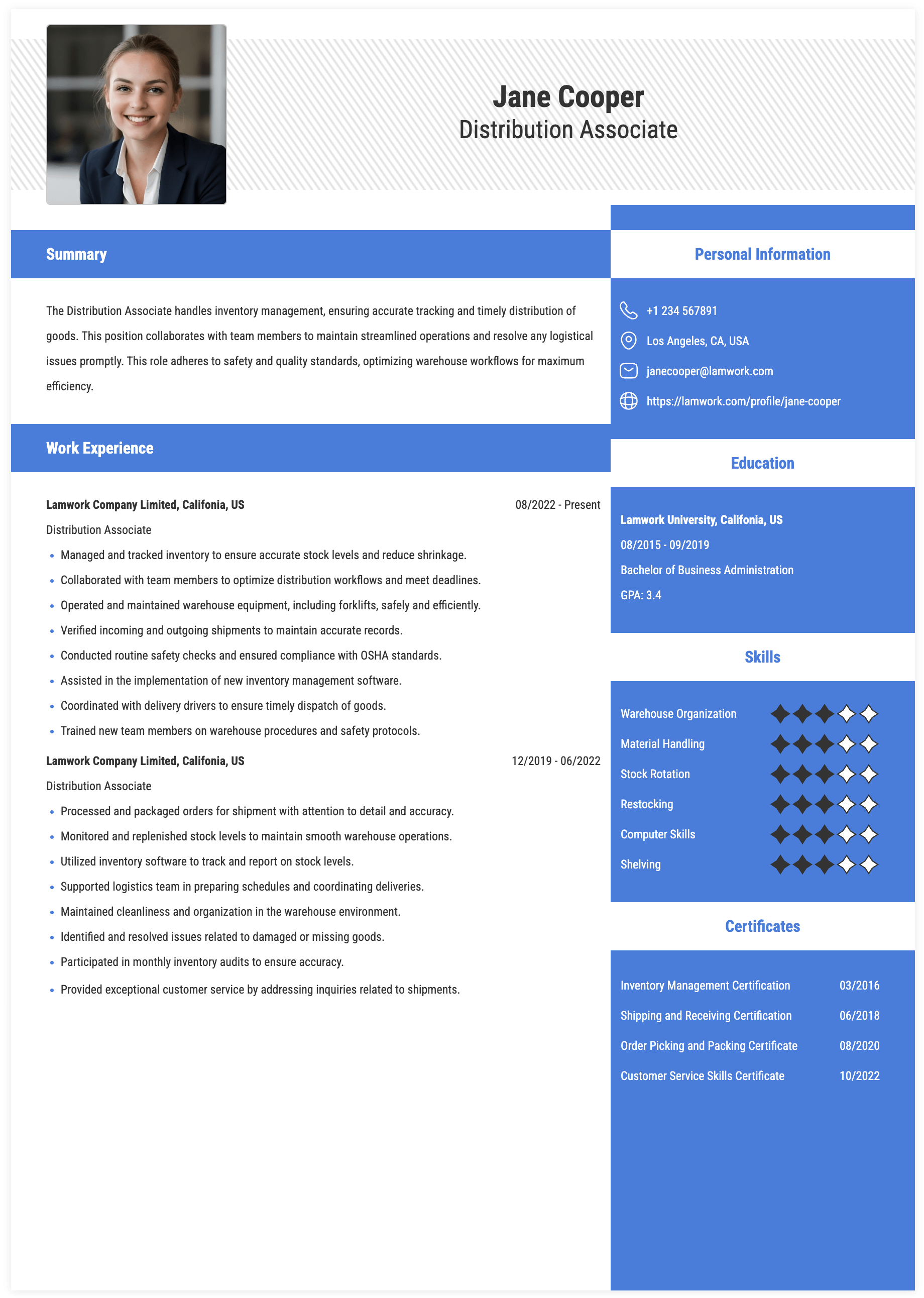 Distribution Associate Resume Example