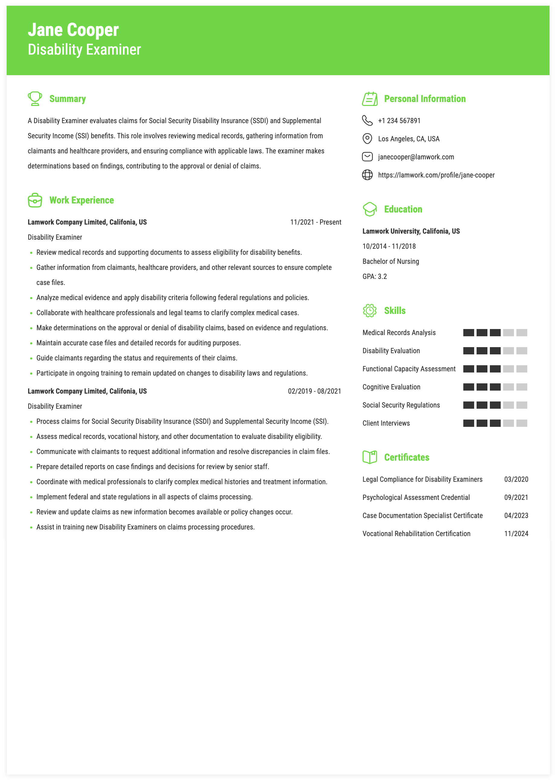 Disability Examiner Resume Example