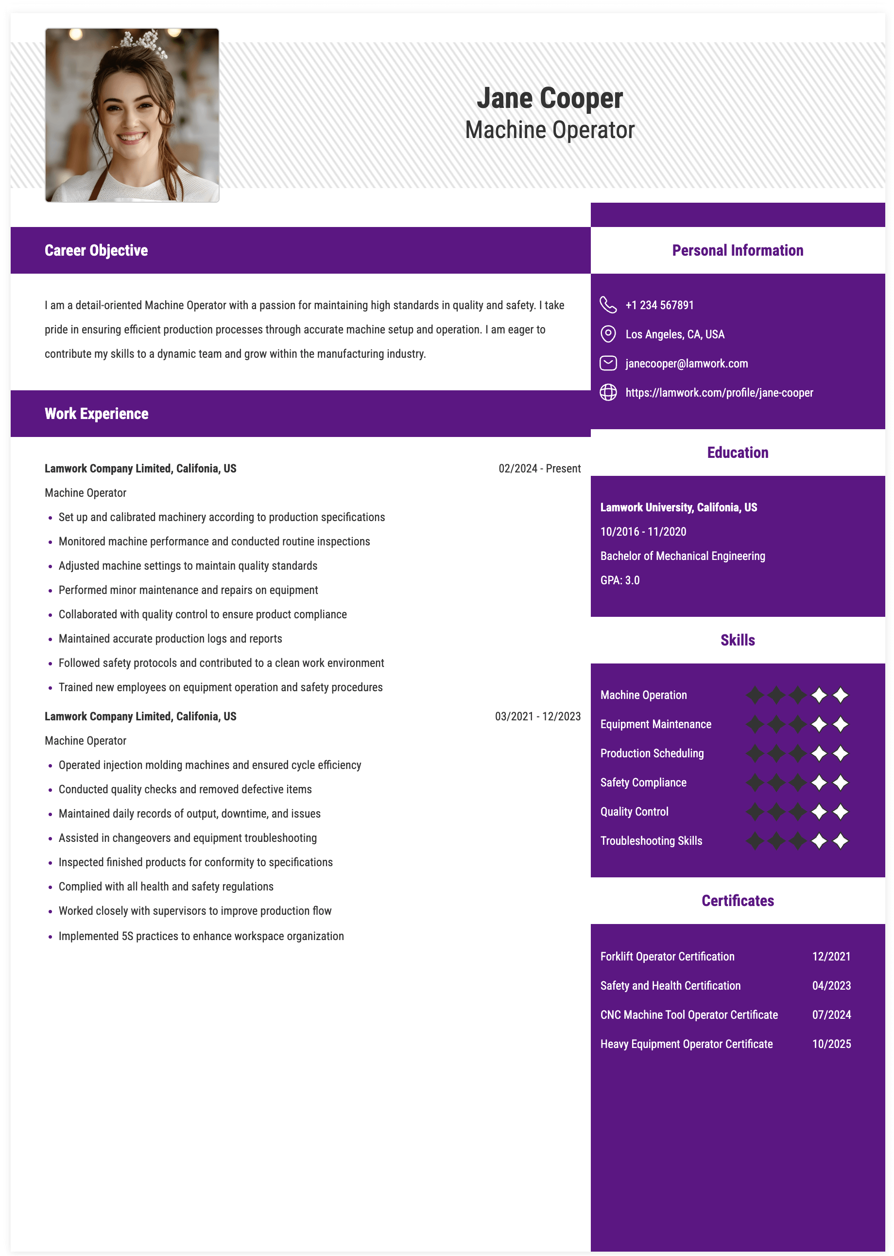 Machine Operator Resume Example