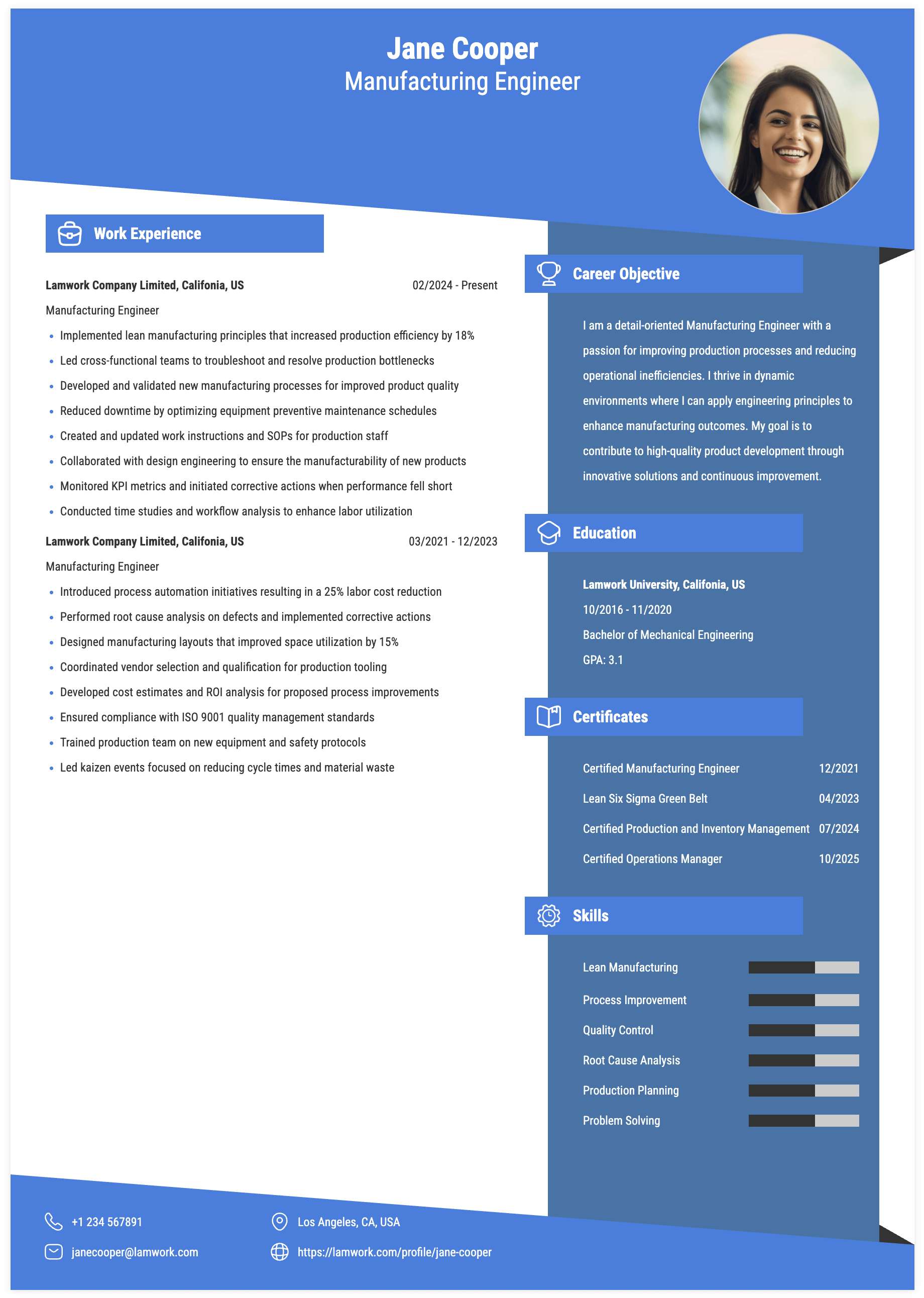Manufacturing Engineer Resume Example