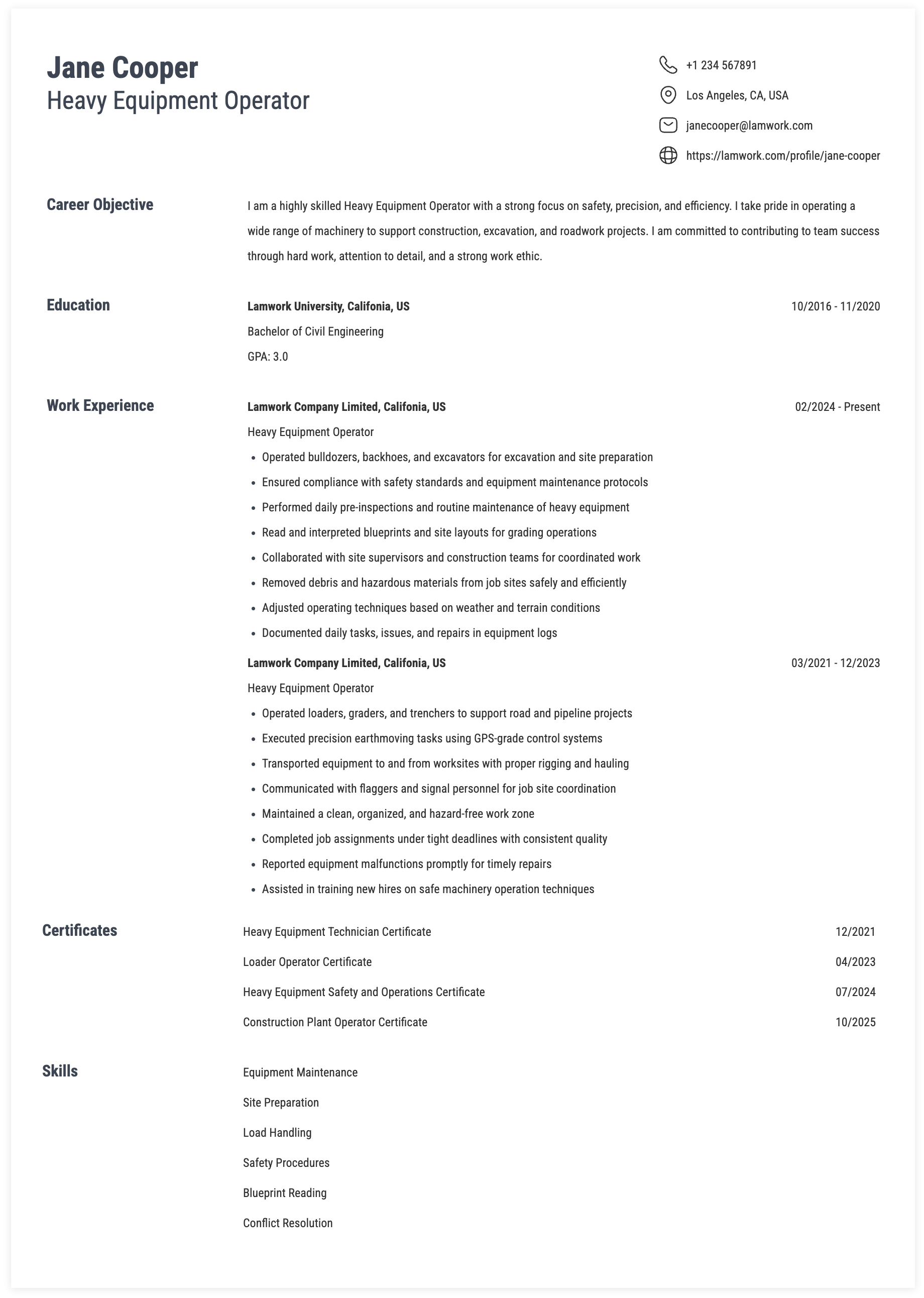 Backhoe Operator Resume Example Heavy Equipment Operator Resume Example