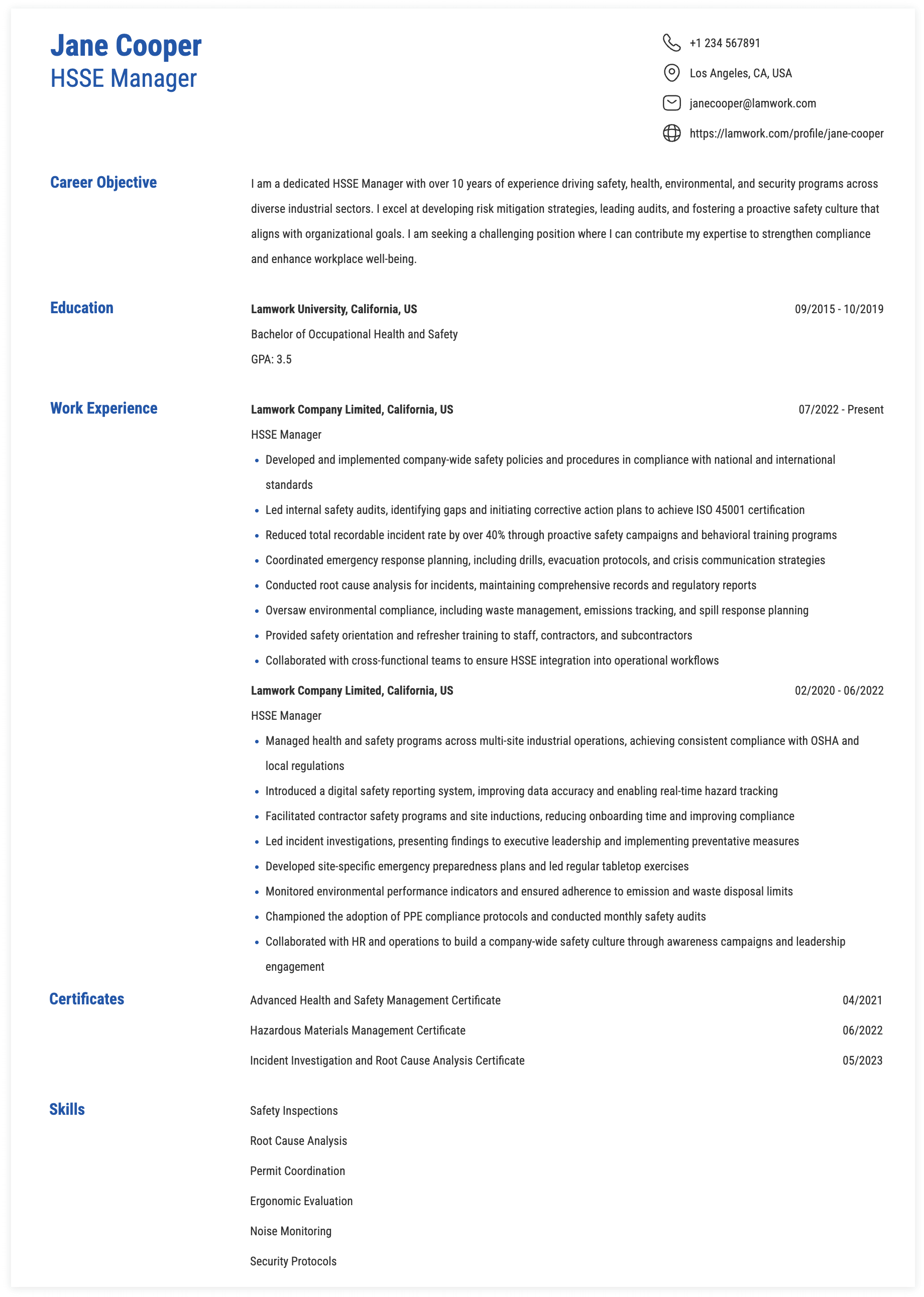 HSSE Manager Resume Example