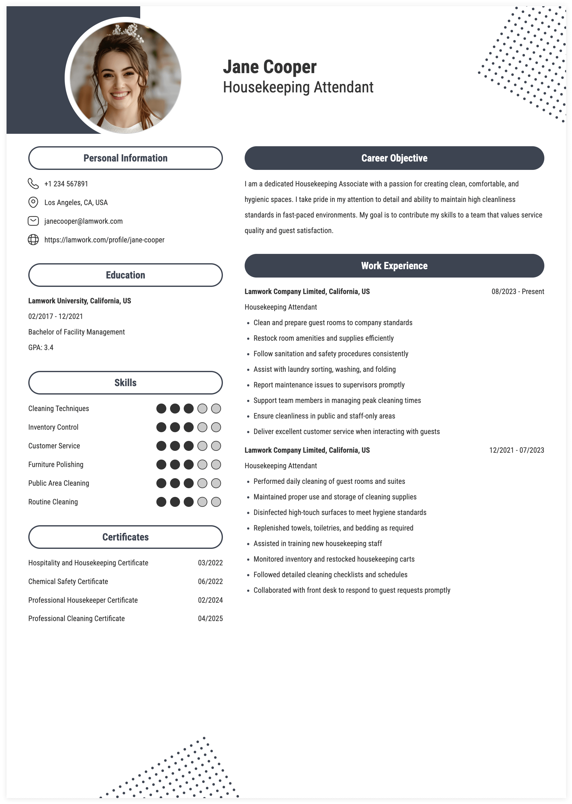 Housekeeping Attendant Resume Example