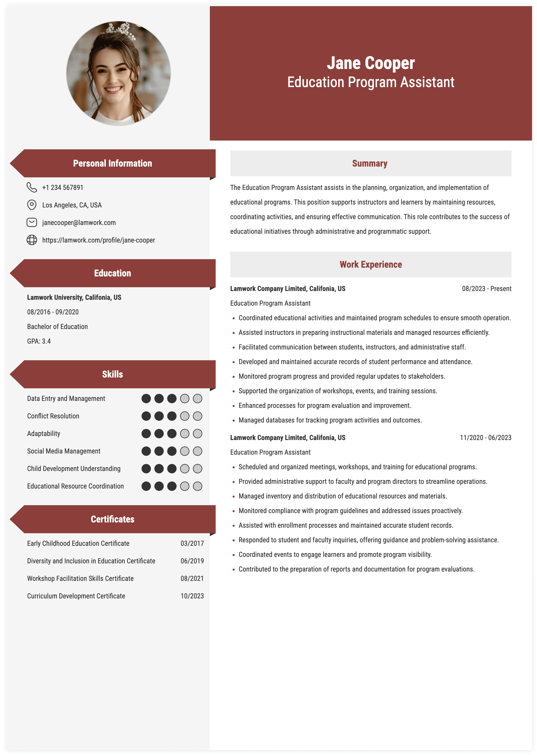 Programme Assistant Cv Education Program Assistant Resume Example