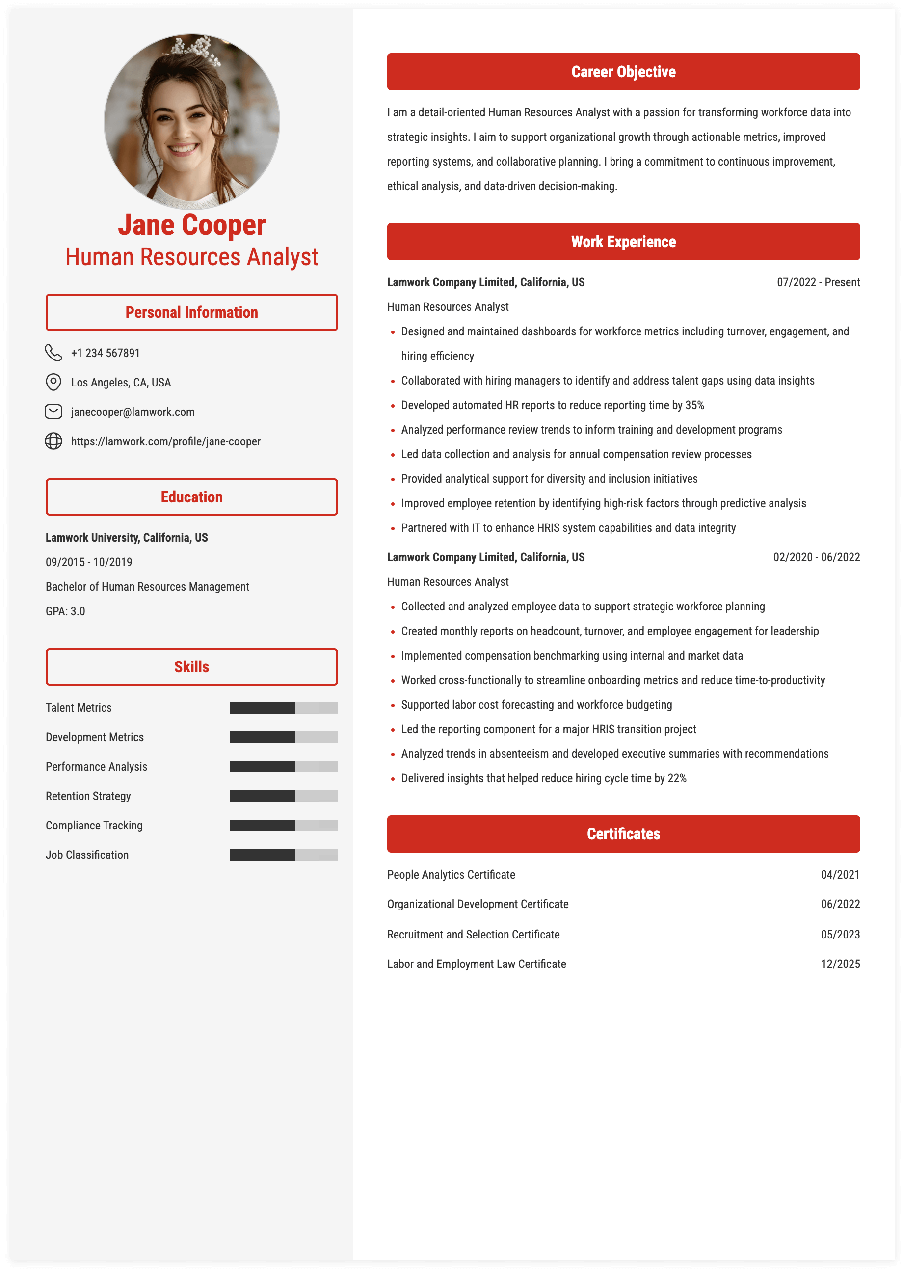 Human Resources Analyst Resume Example
