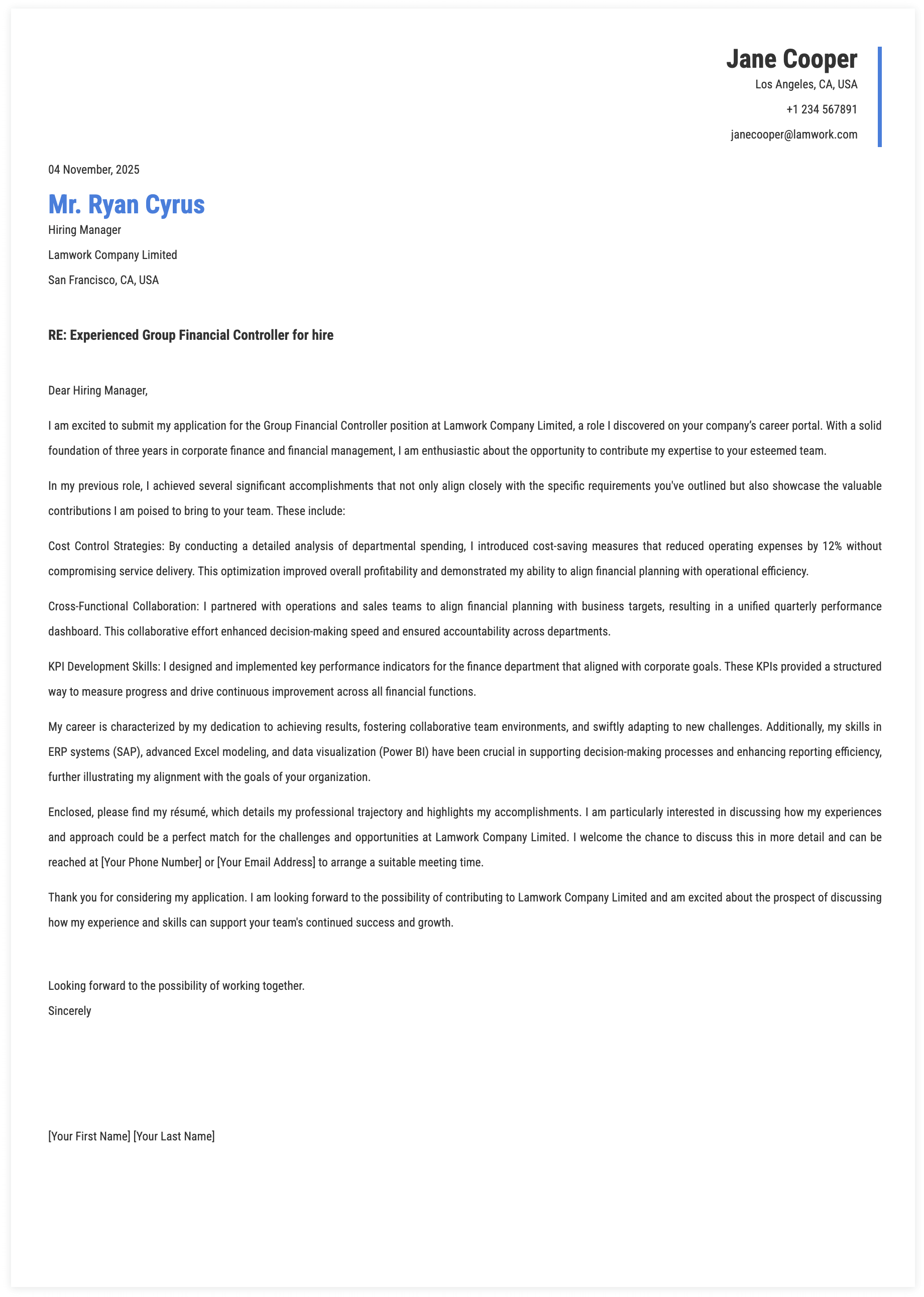 Group Financial Controller Cover Letter Template