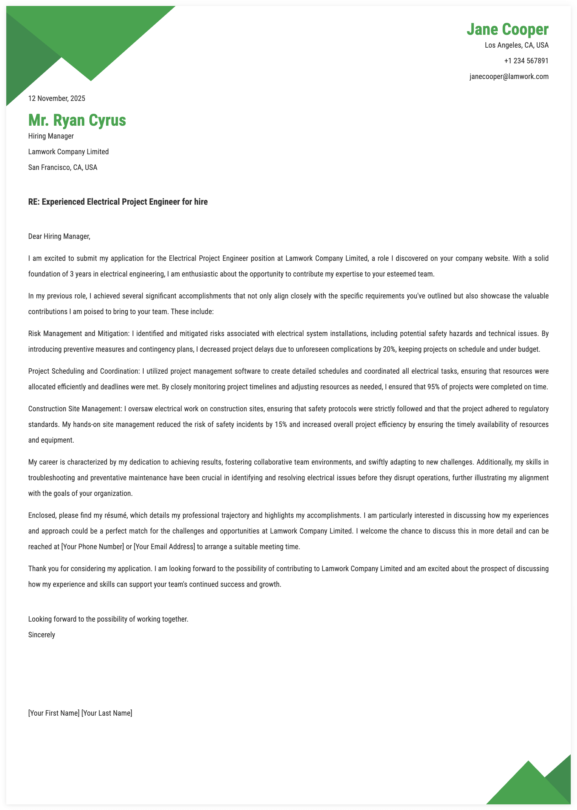 Electrical Project Engineer Cover Letter Template