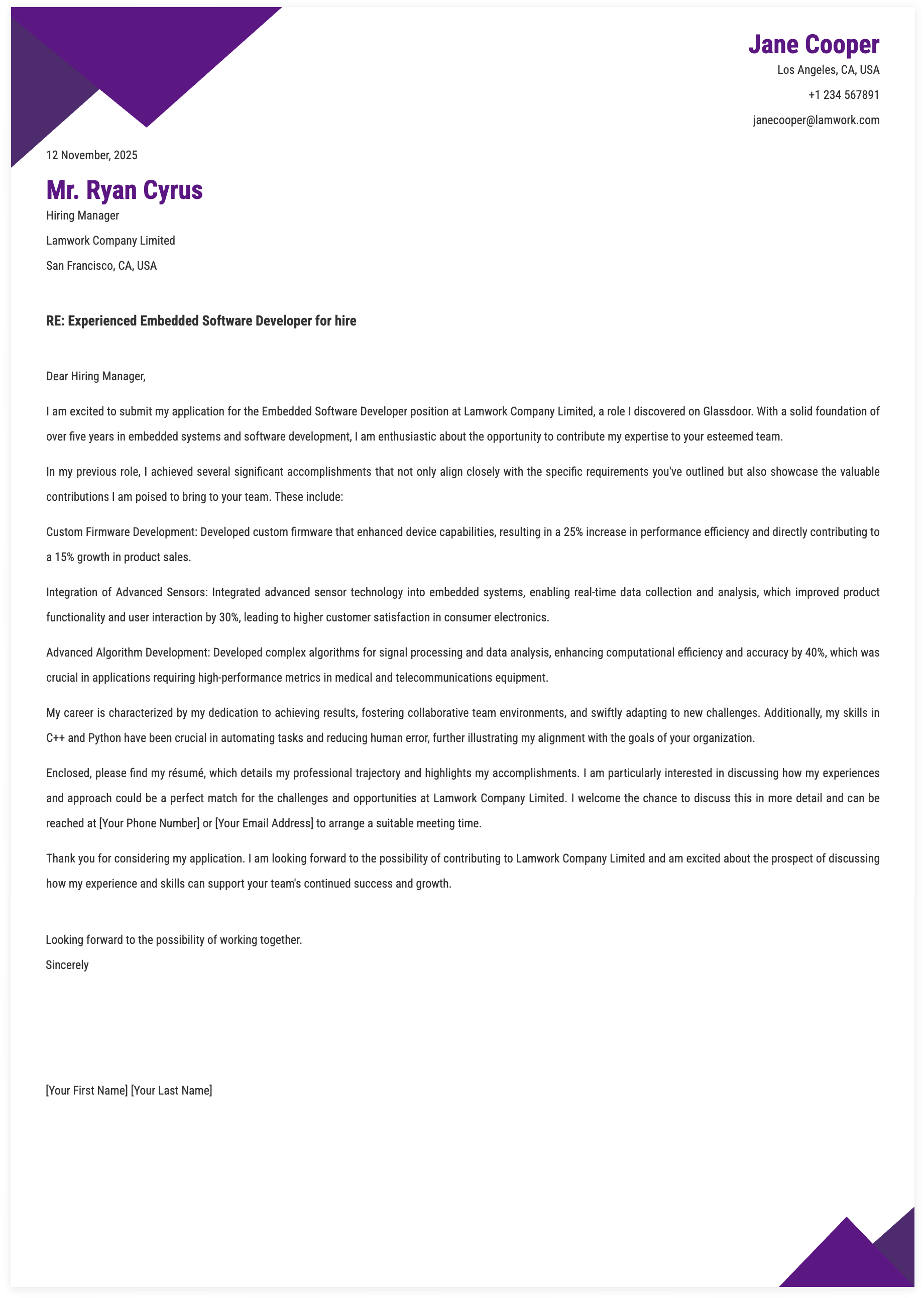 Embedded Software Developer Cover Letter Template