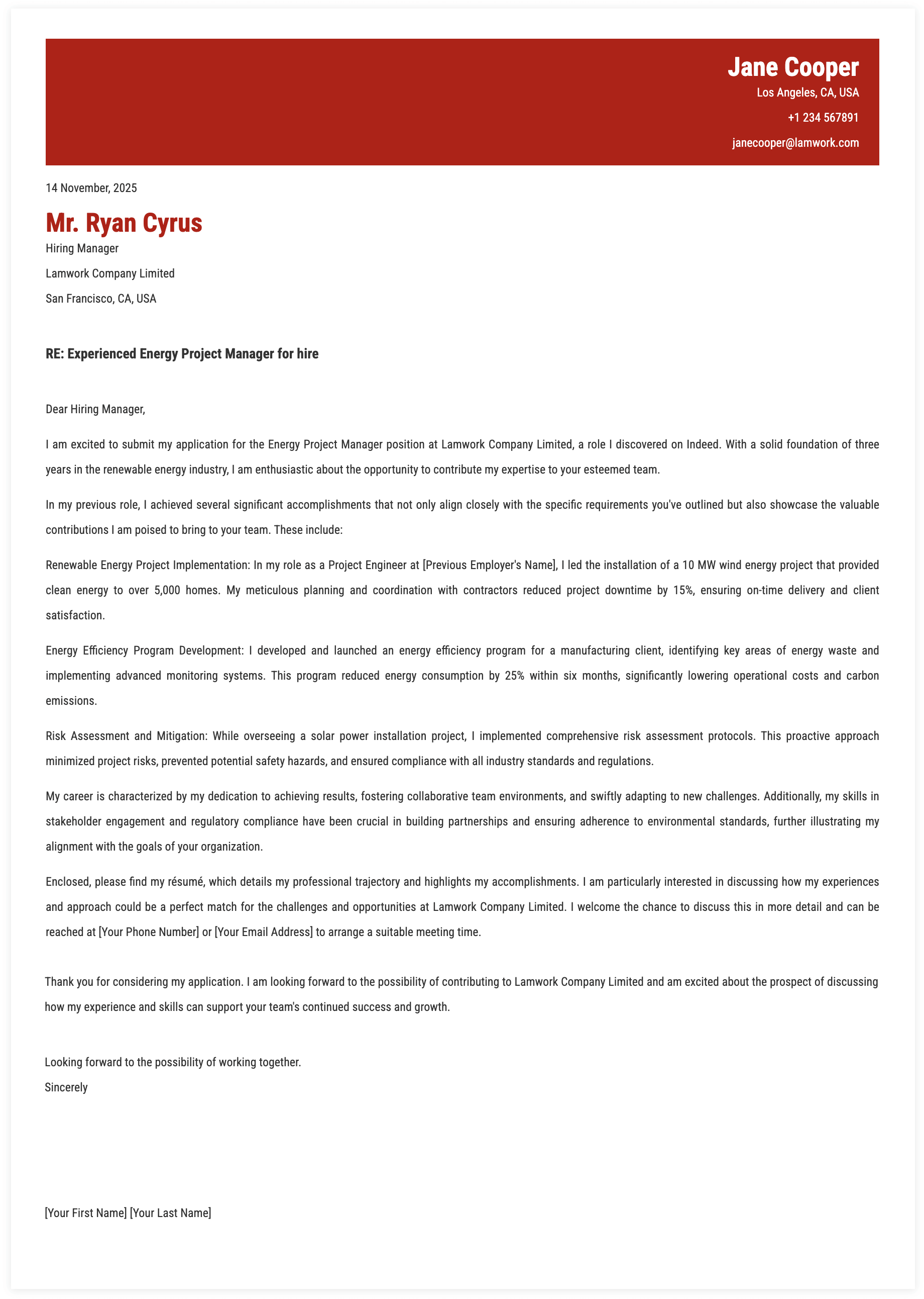 Energy Project Manager Cover Letter Template