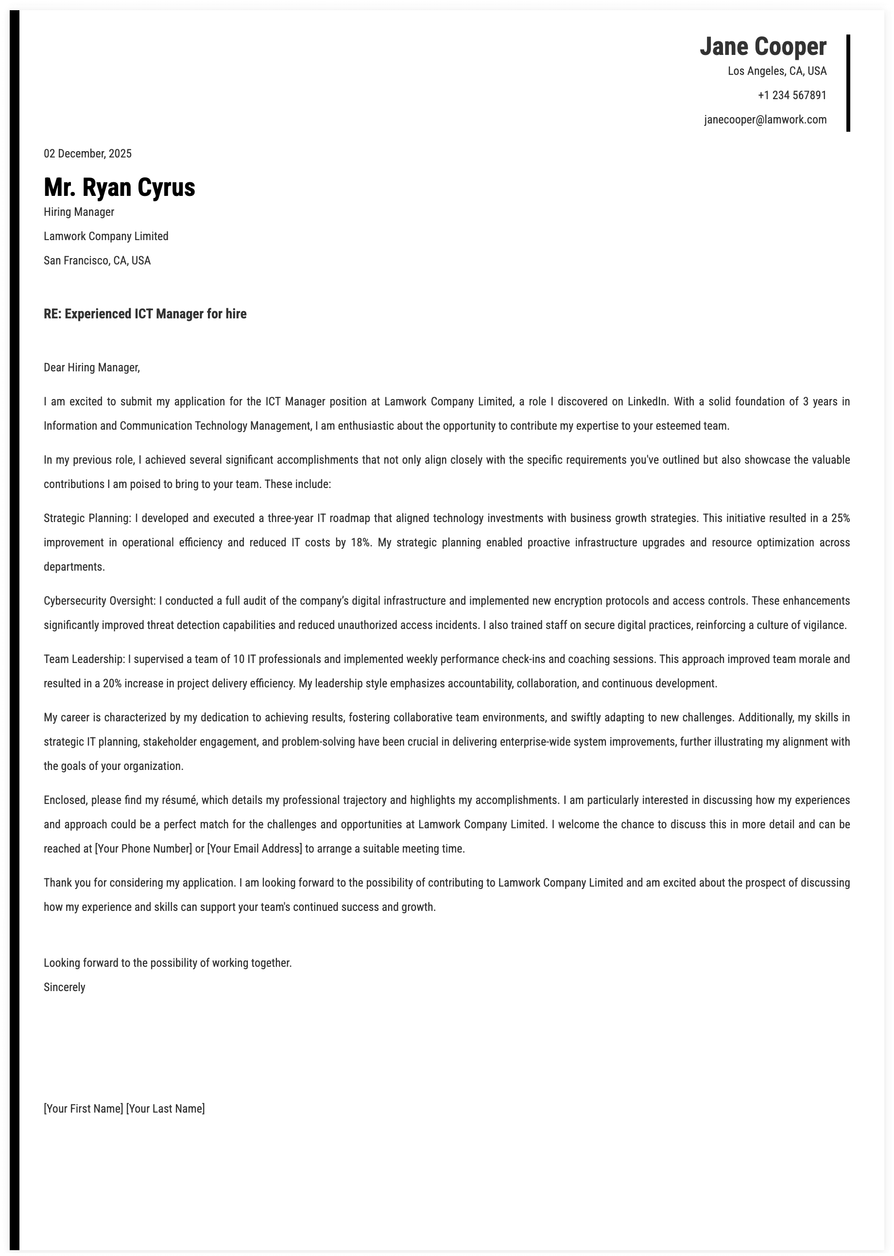 ICT Manager Cover Letter Template