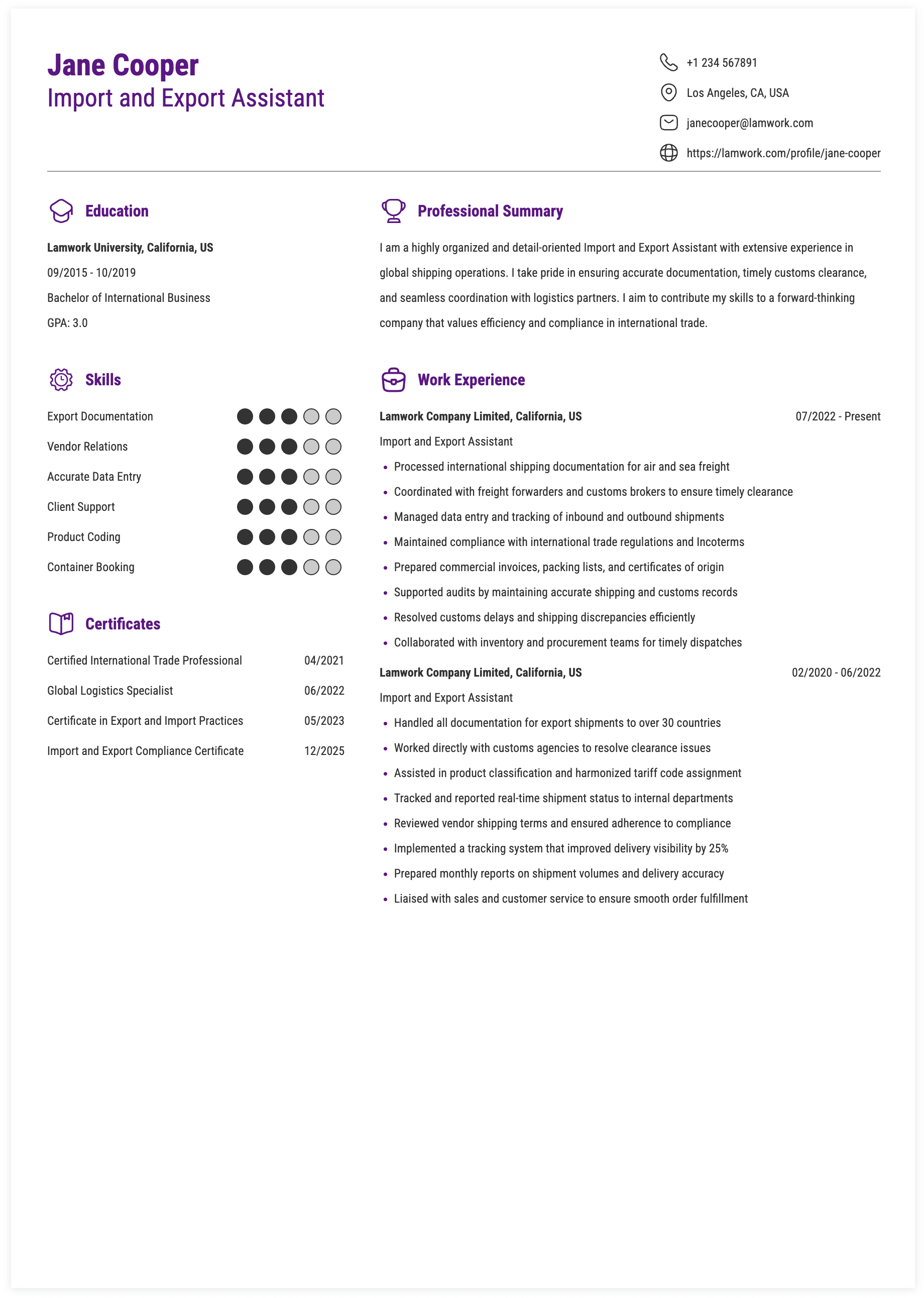 Import and Export Assistant Resume Example