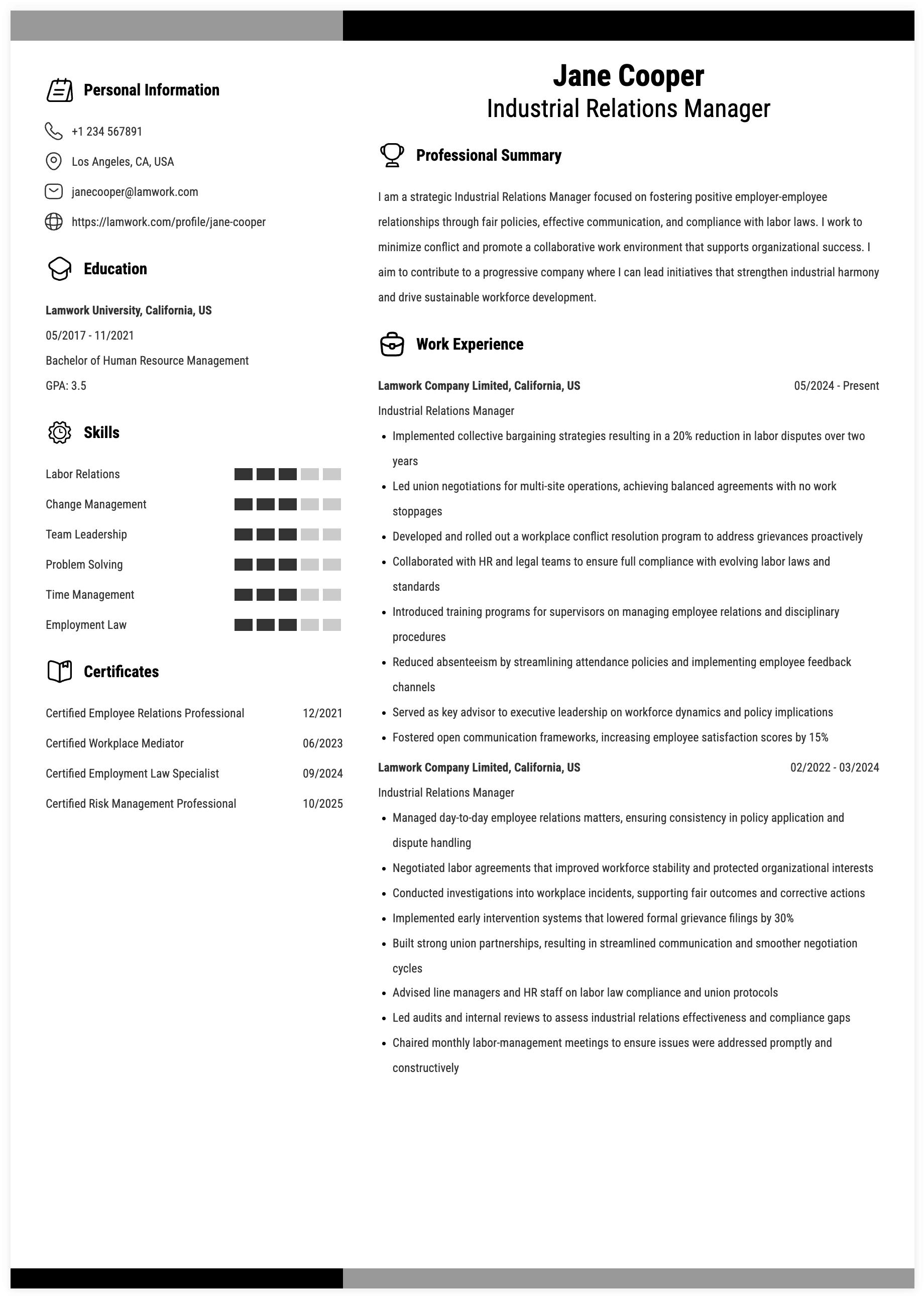 Industrial Relations Manager Resume Example