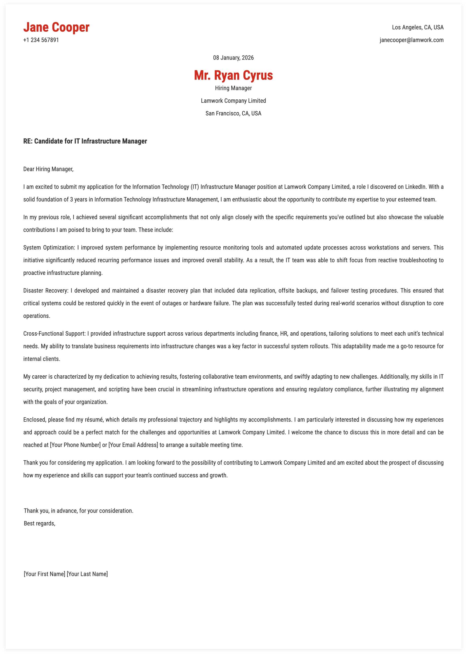 IT Infrastructure Manager Cover Letter Template