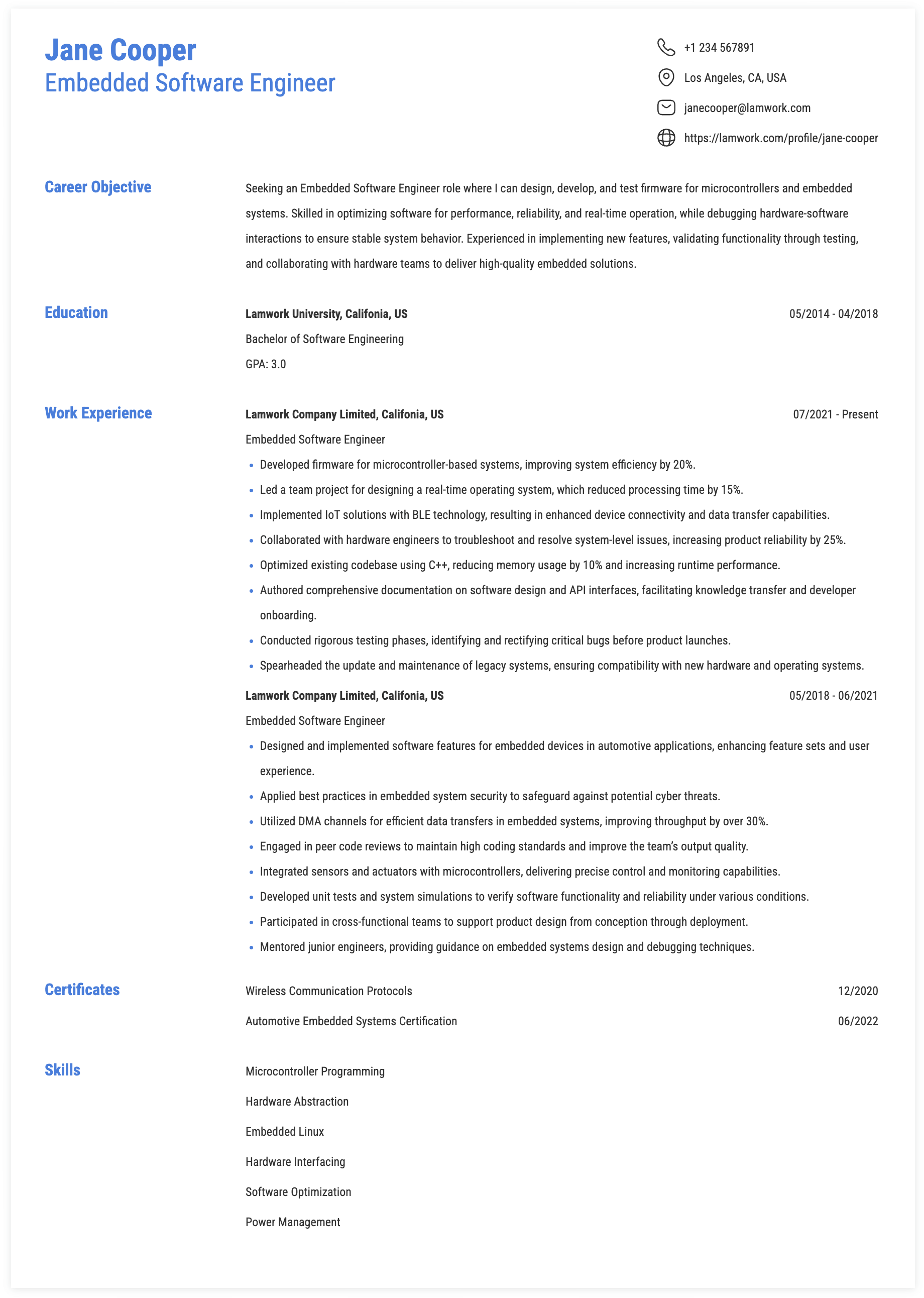 Embedded Software Engineer Resume Example